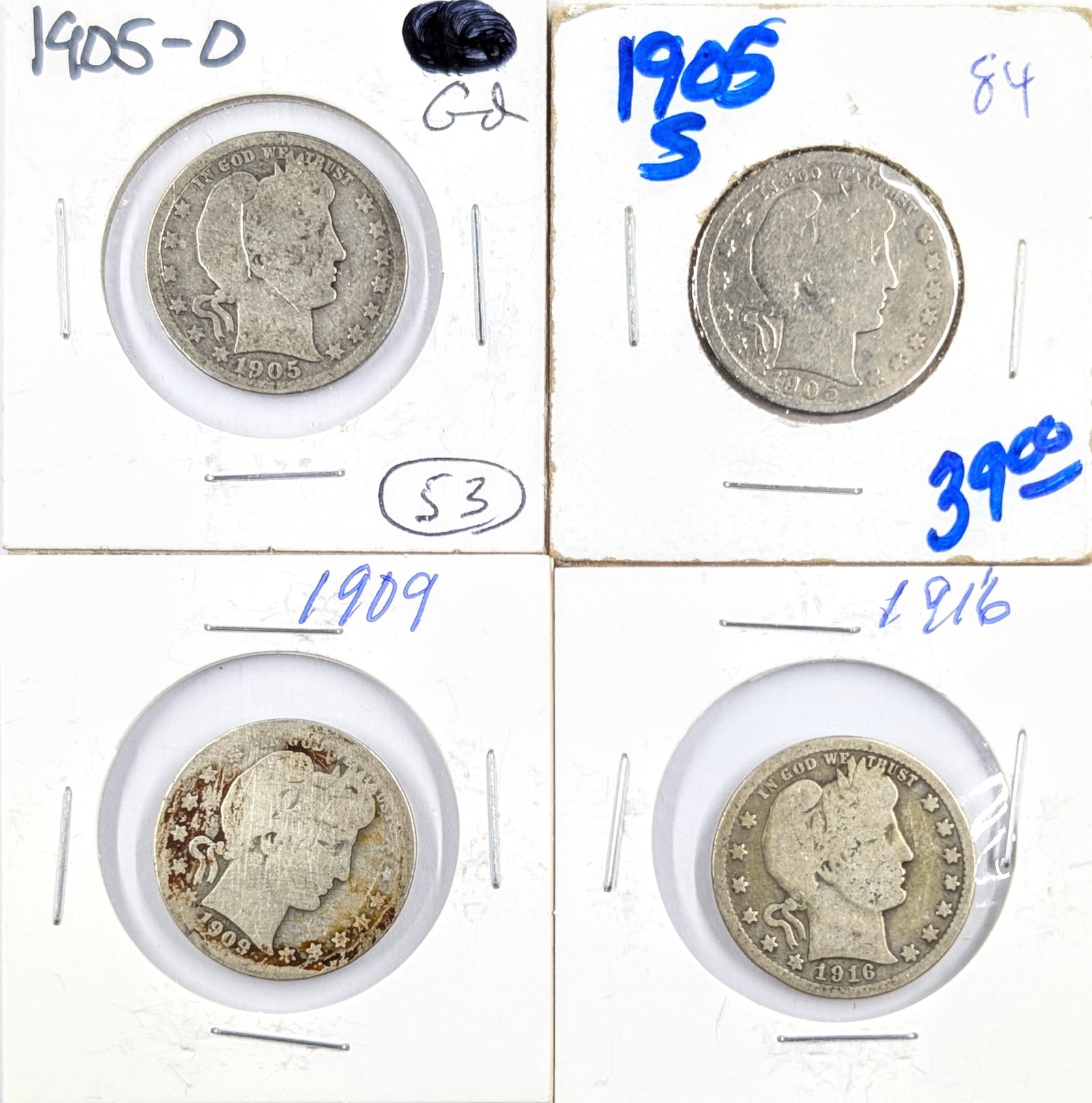 Lot of 4 Silver Barber Quarters - 1905-1916: Silver