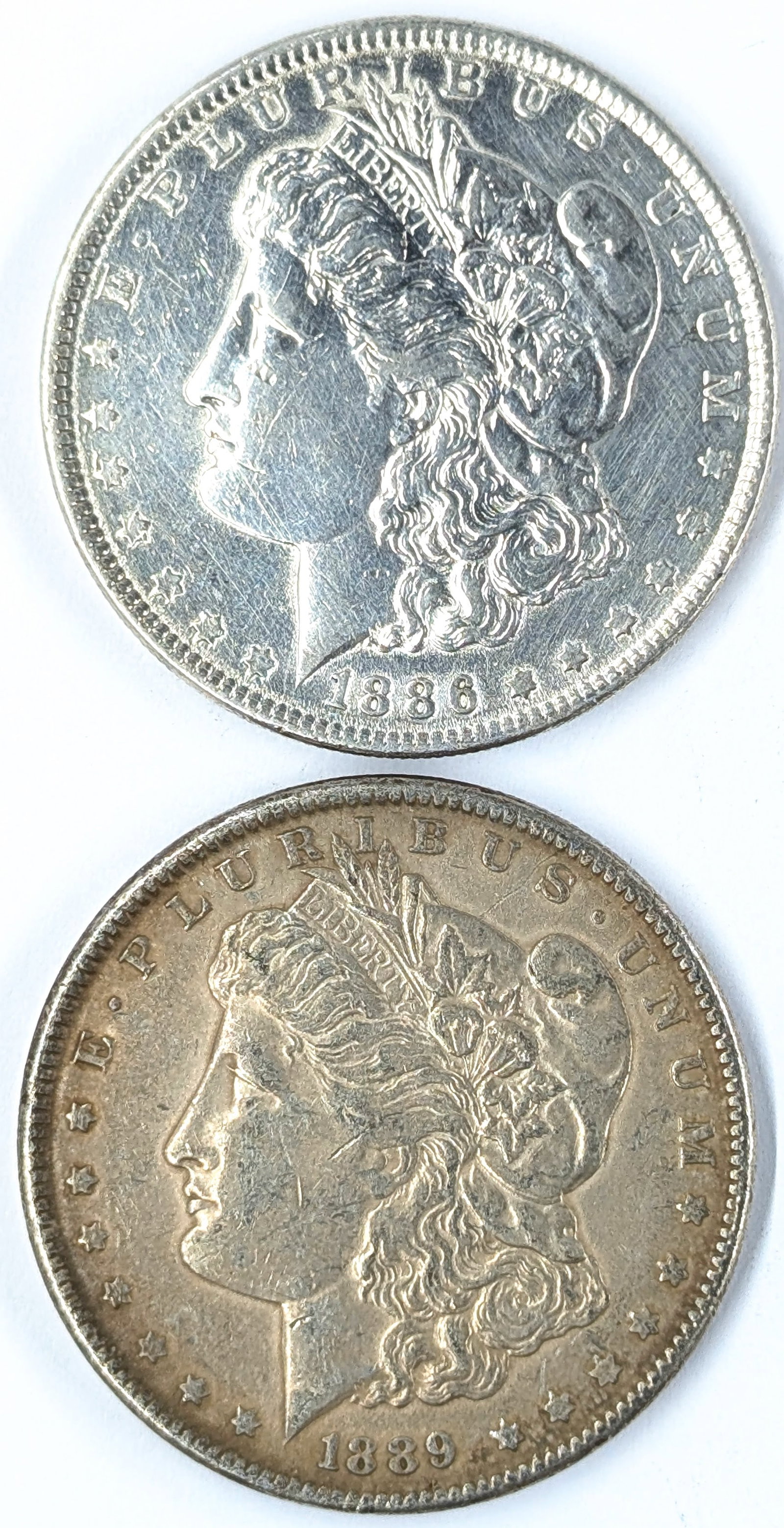 Lot of 2 Morgan Silver Dollars - 1886, 1889: Silver