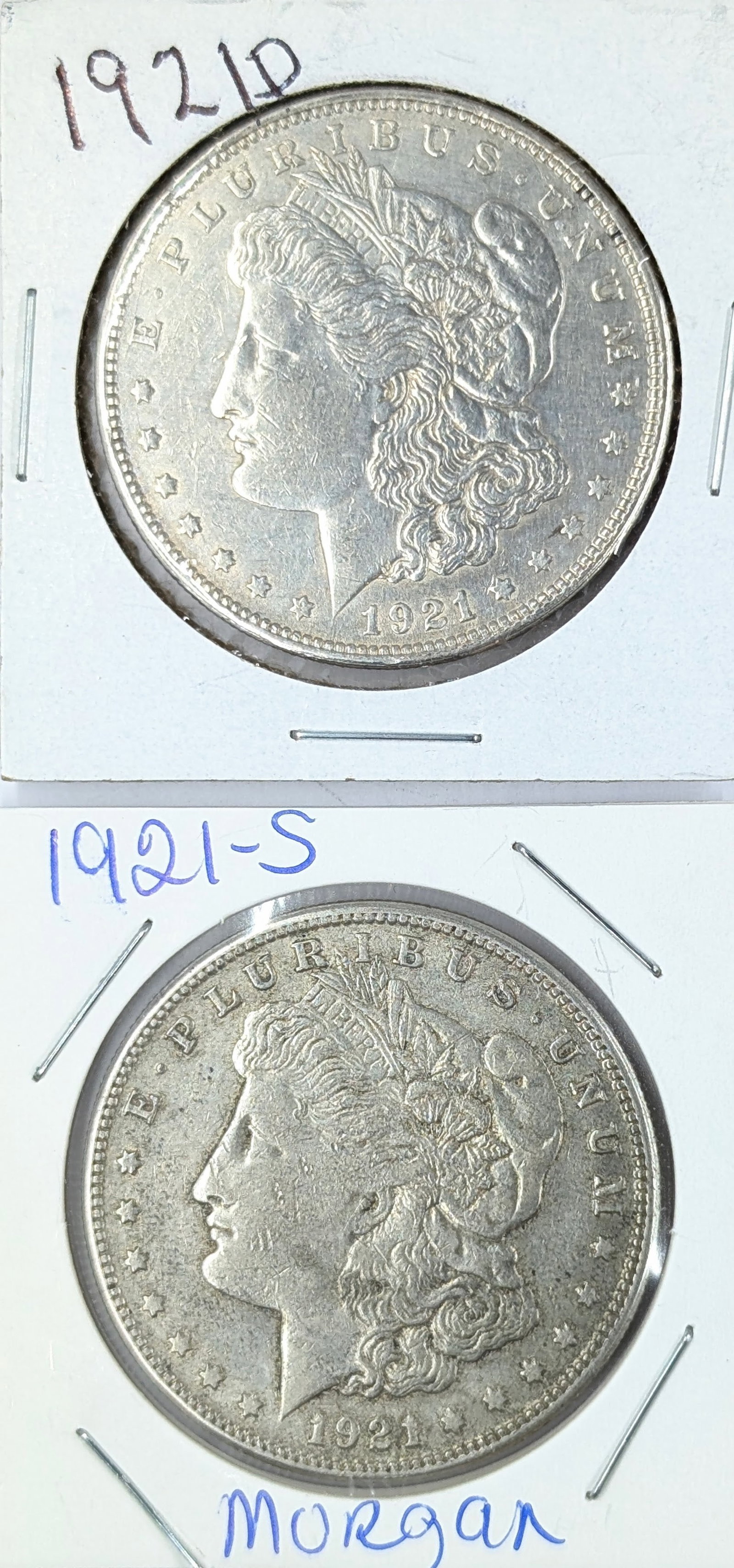 Lot of 2 Morgan Silver Dollars - 1921 D/S: Silver