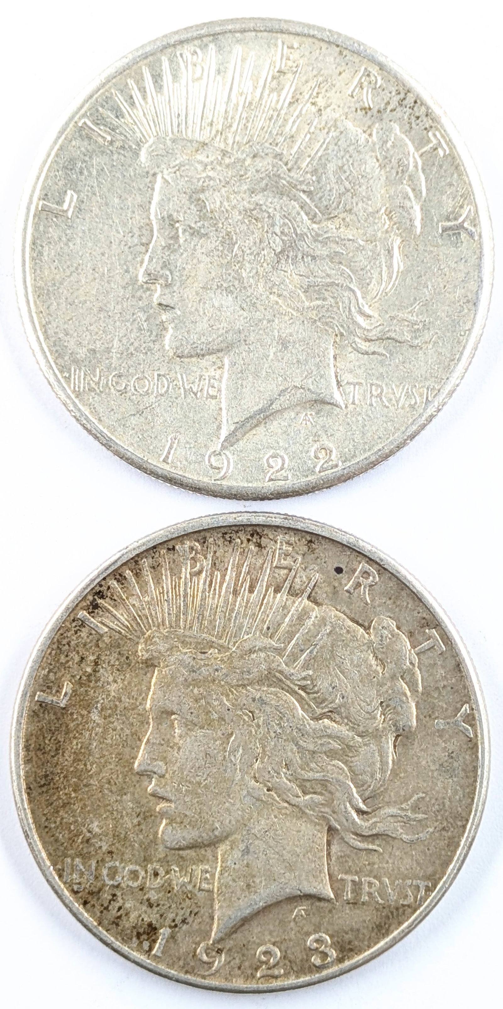 Lot of 2 Silver Peace Dollars - 1922-S, 1923-D: Silver