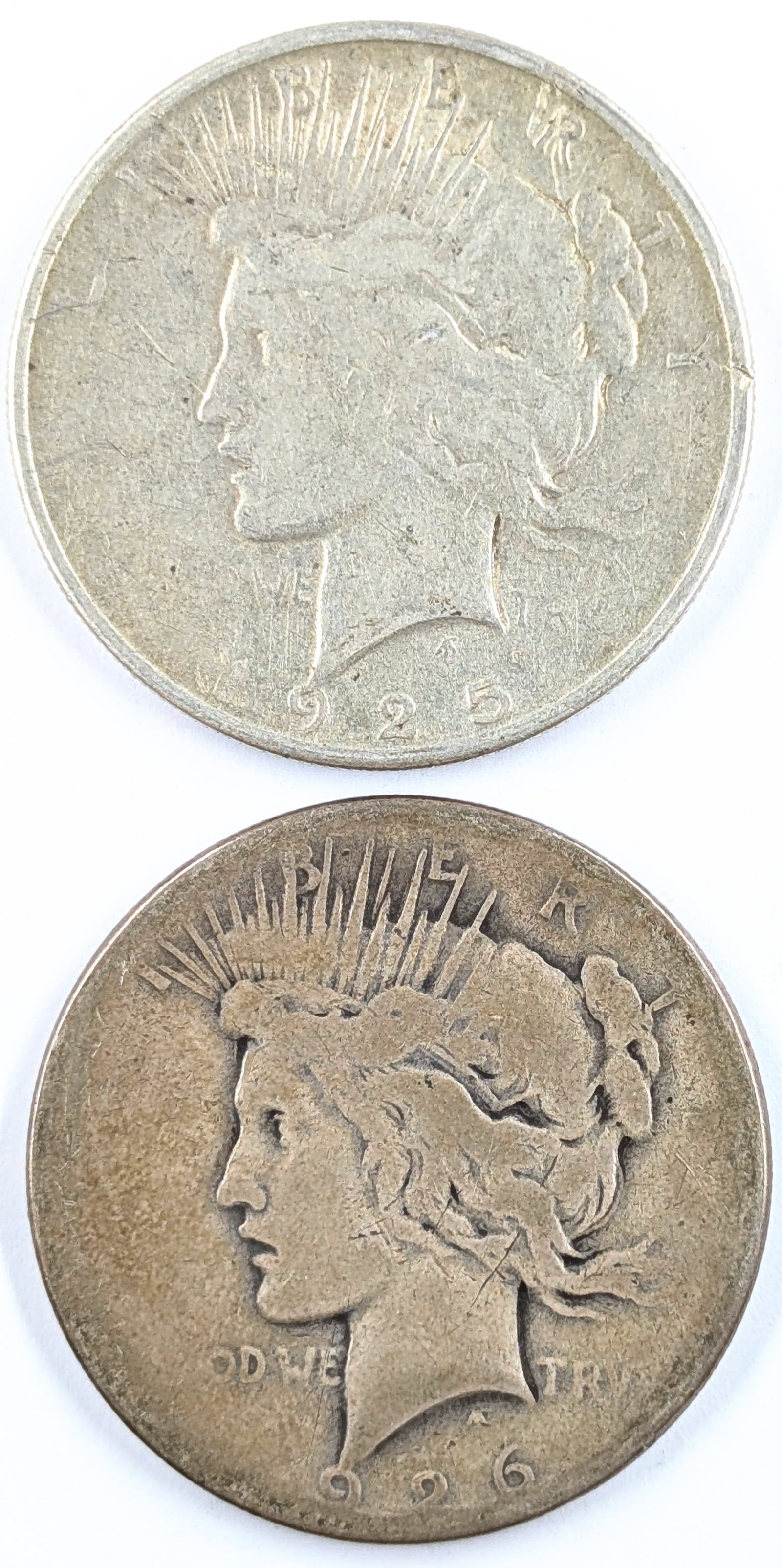 Lot of 2 Silver Peace Dollars - 1925, 1926: Silver