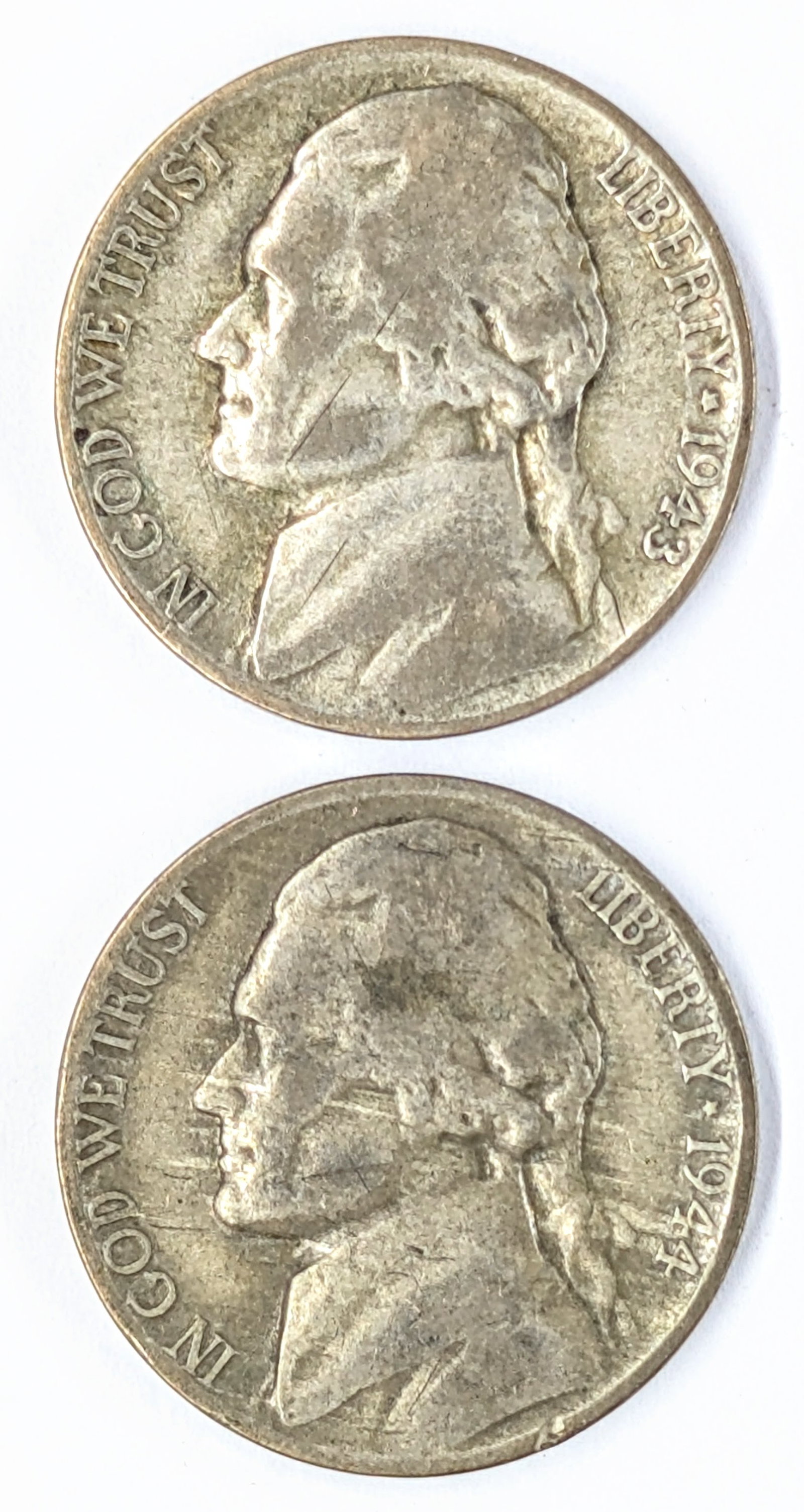 Lot of 2 Silver War Nickels - 1943-P, 1944-P: 35% Silver