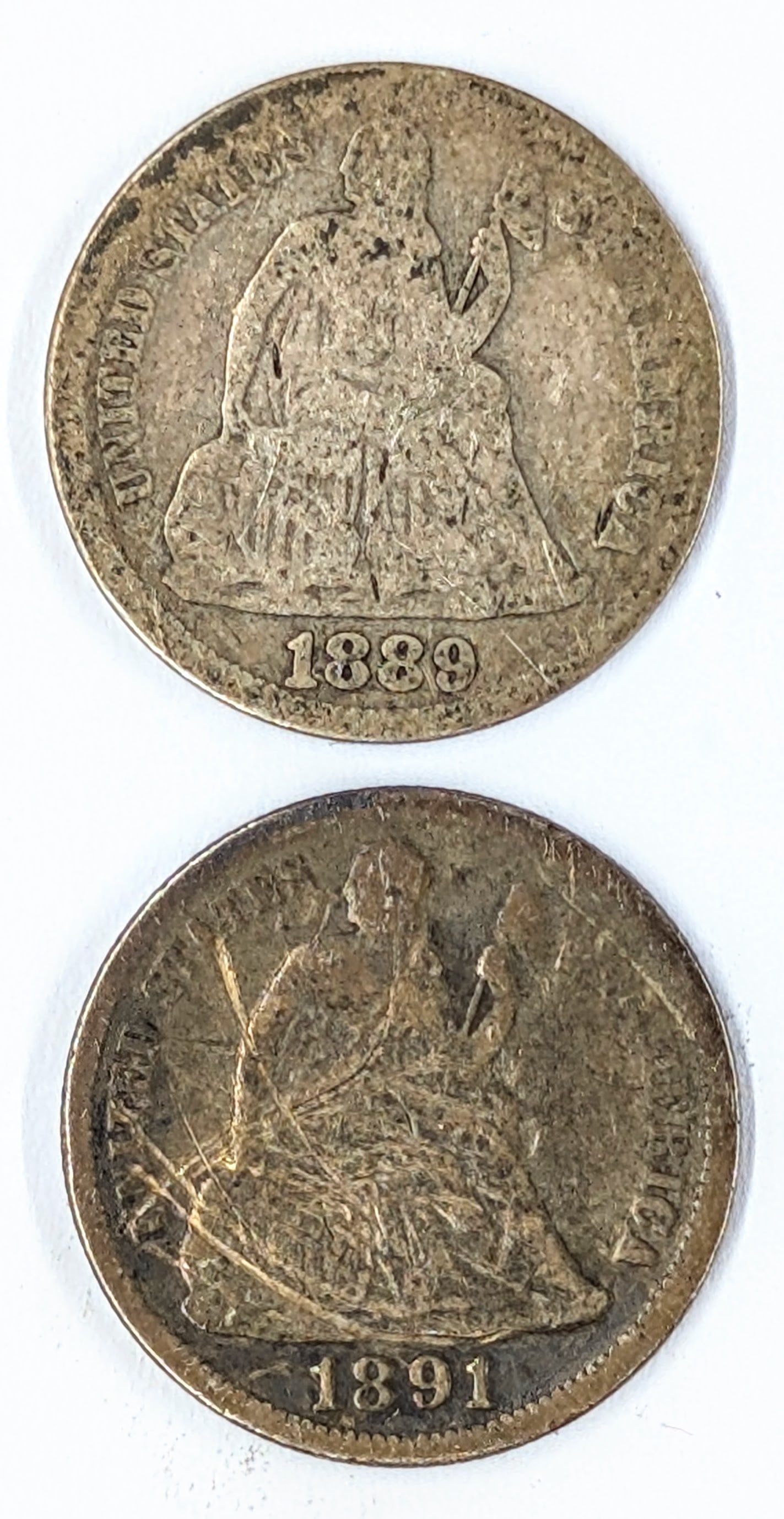 Lot of 2 Silver Seated Liberty Dimes - 1889, 1891: Silver
