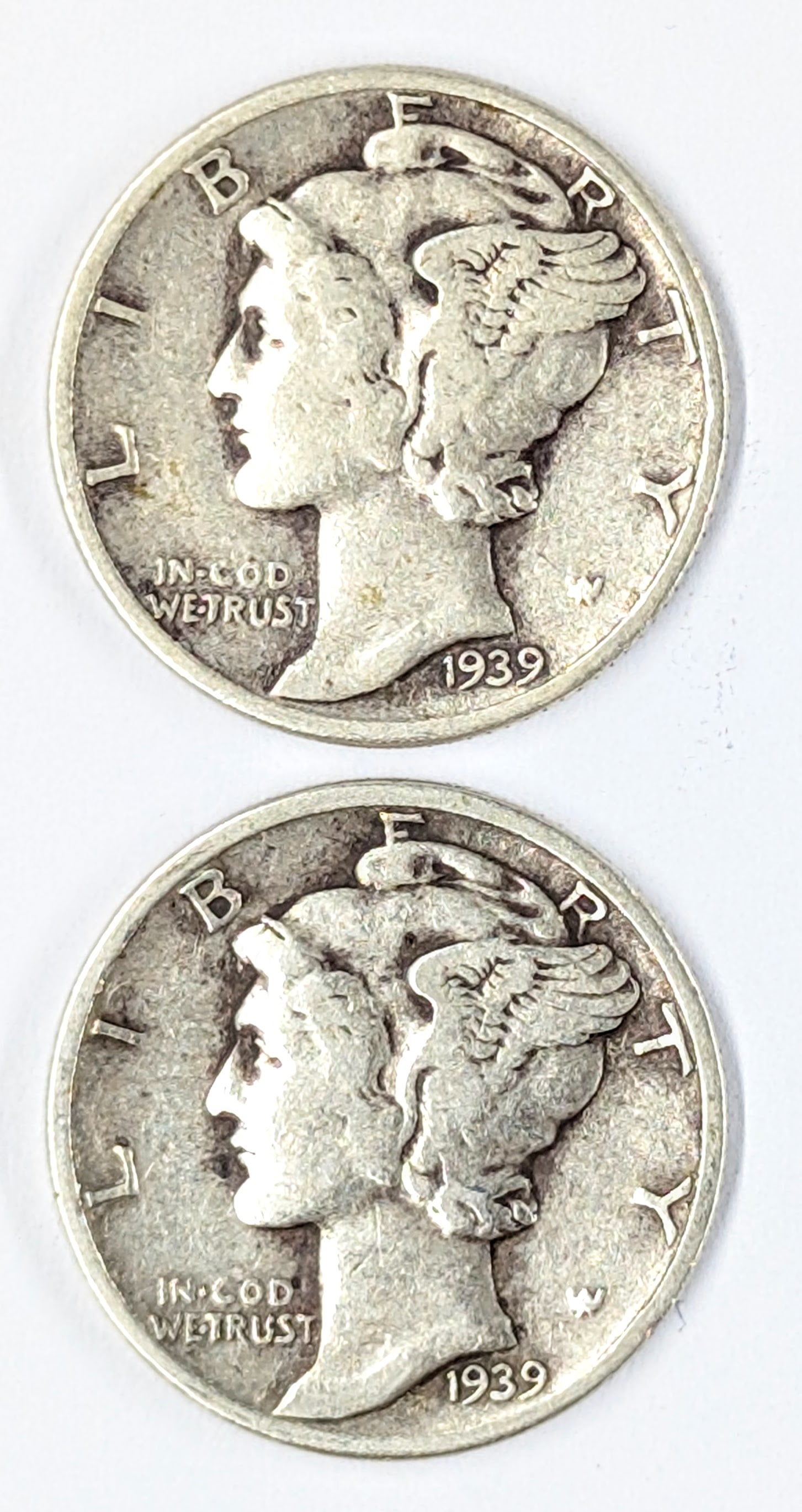 Lot of 2 Silver Mercury Dimes - Both 1939: Silver