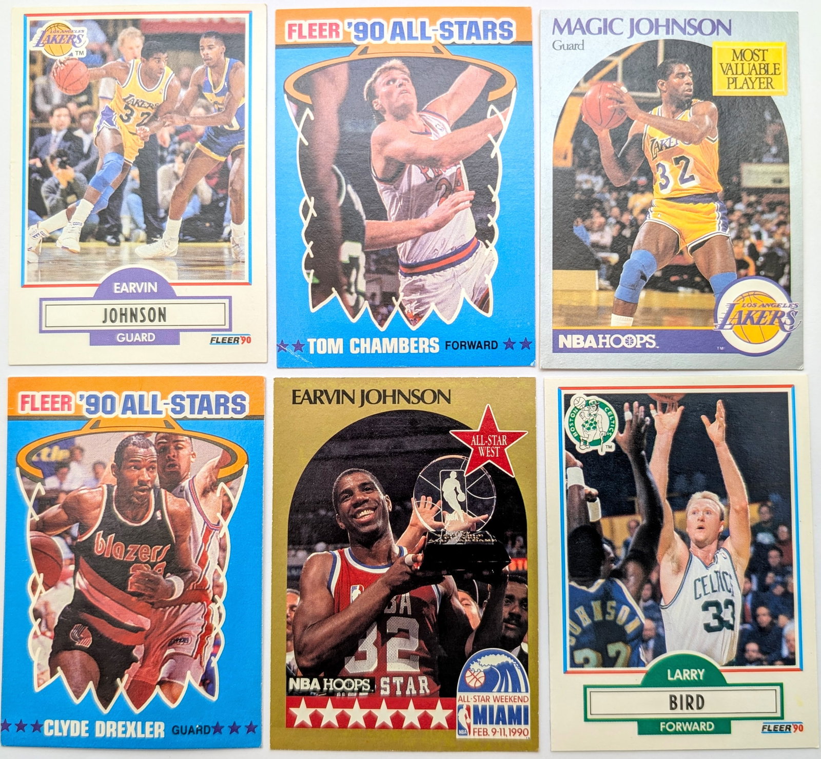 Lot of 6 NBA Trading Cards-Earvin Johnson, Tom Chamber, Clyde Drexler, Larry Bird: Trading Cards