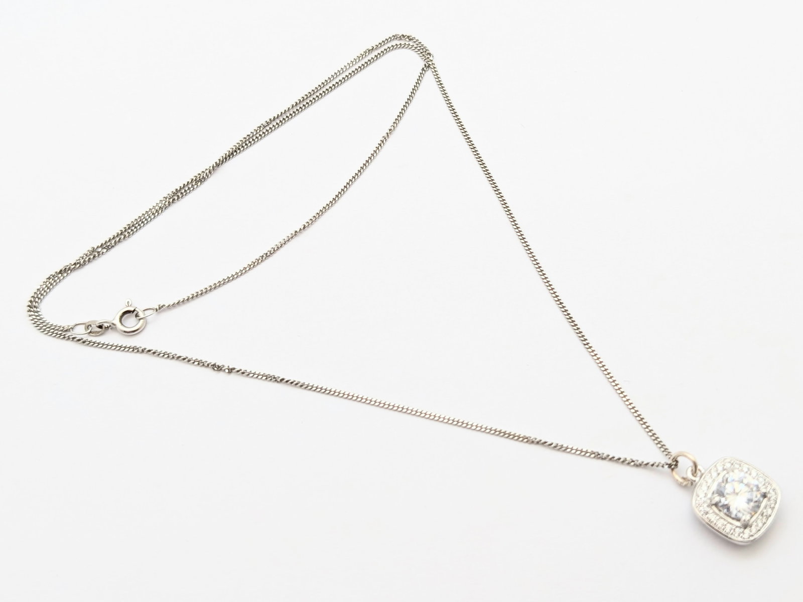Sterling Silver Cubic Zirconia Square Pendant Ladies Necklace: Length: 18in