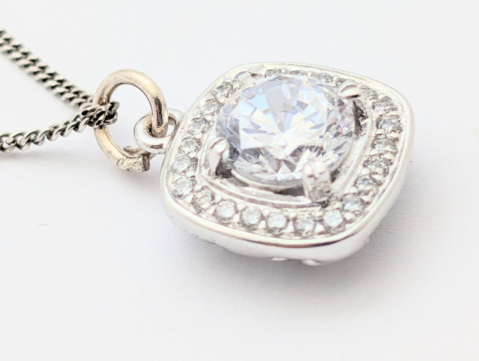 Sterling Silver Cubic Zirconia Square Pendant Ladies Necklace - 3