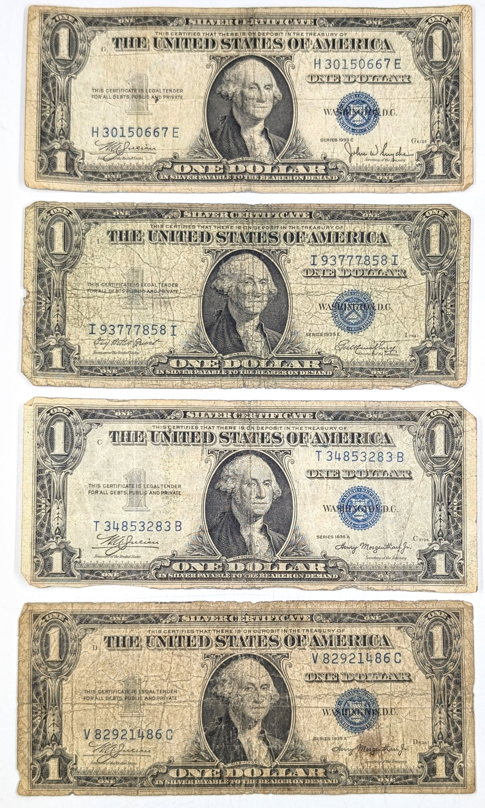 Lot of 4 - 1935 A/C/E $1 Notes - Silver Certificates: Heavily Circulated Condition