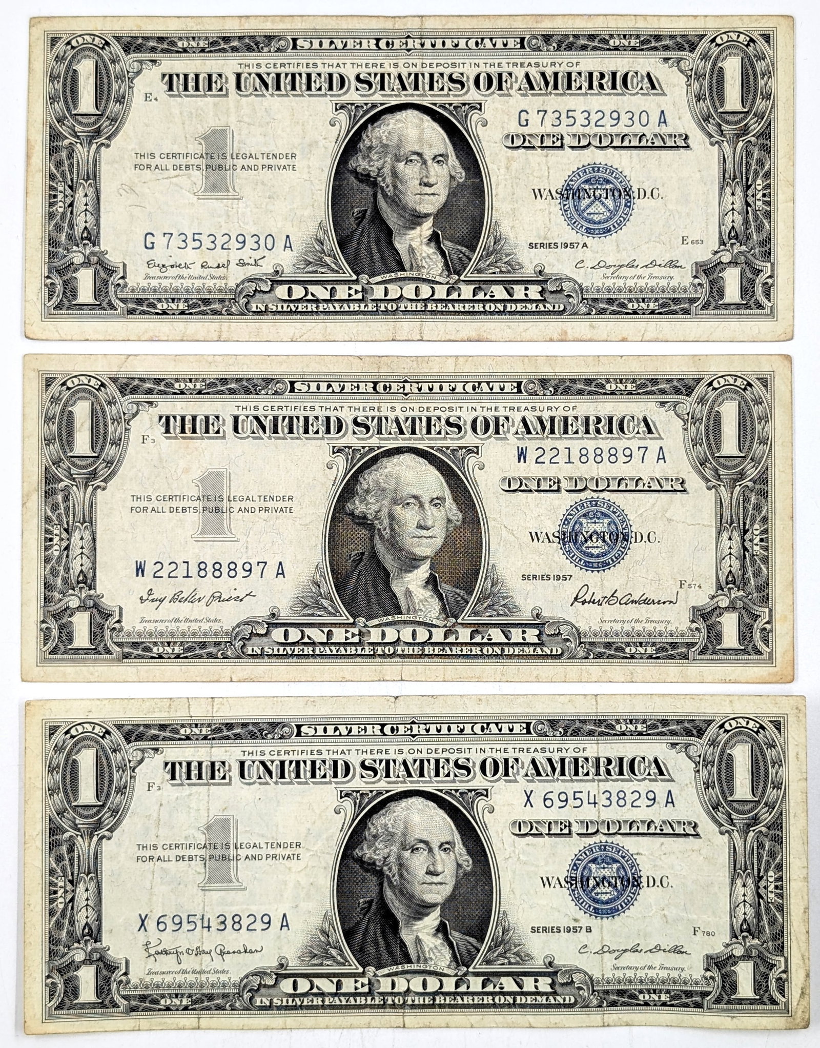 Lot of 3 - 1957 A/B $1 Notes - Silver Certificates: Heavily Circulated Condition