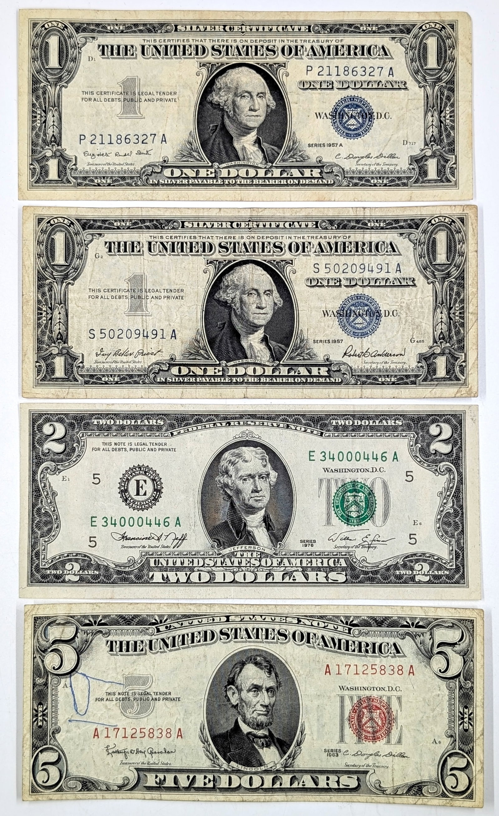 Lot of 4 Banknotes - 1957/1957-A $1 Blue, 1976 $2 Green, 1963 $5 Red: Circulated Condition