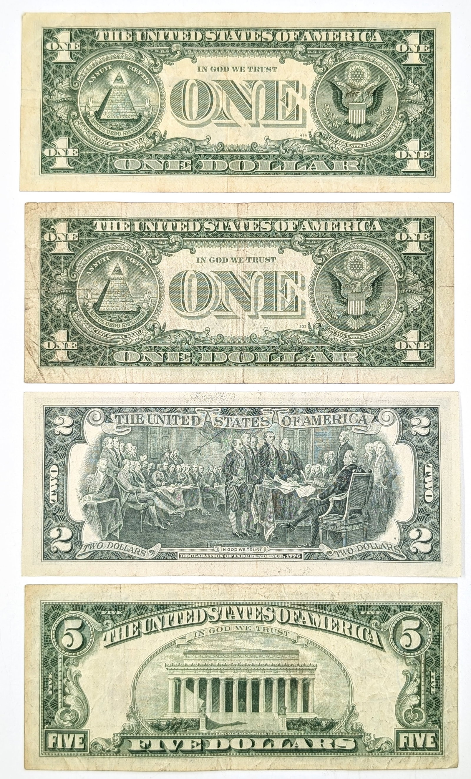 Lot of 4 Banknotes - 1957/1957-A $1 Blue, 1976 $2 Green, 1963 $5 Red - 2