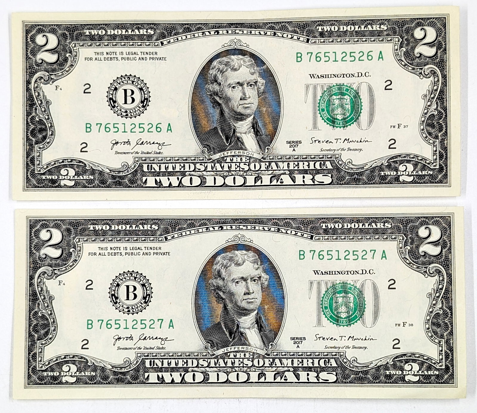Lot of 2 Uncirculated Sequential 2017-A $2 Notes - Green Seals (1 of 2)