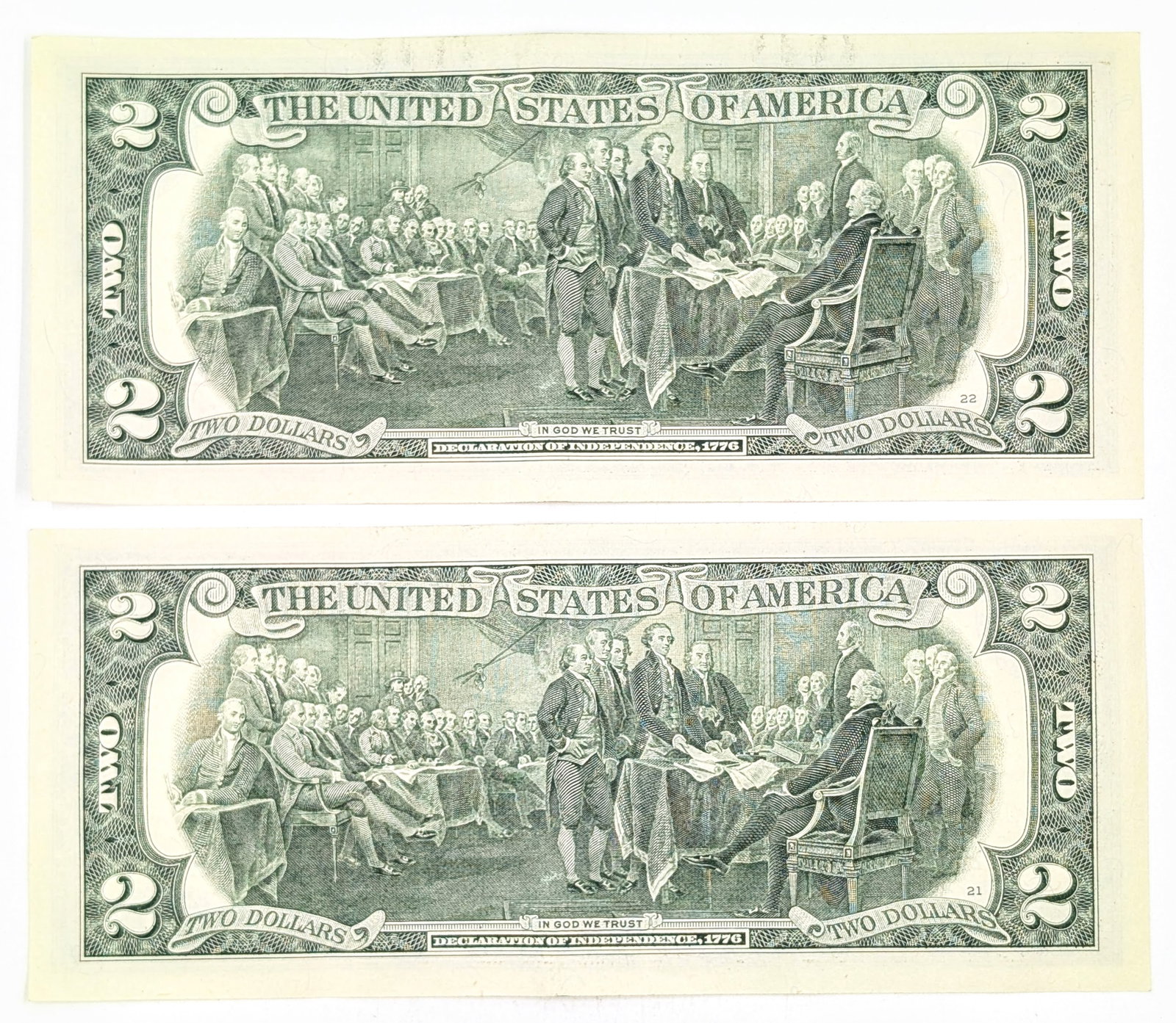 Lot of 2 Uncirculated Sequential 2017-A $2 Notes - Green Seals - 2