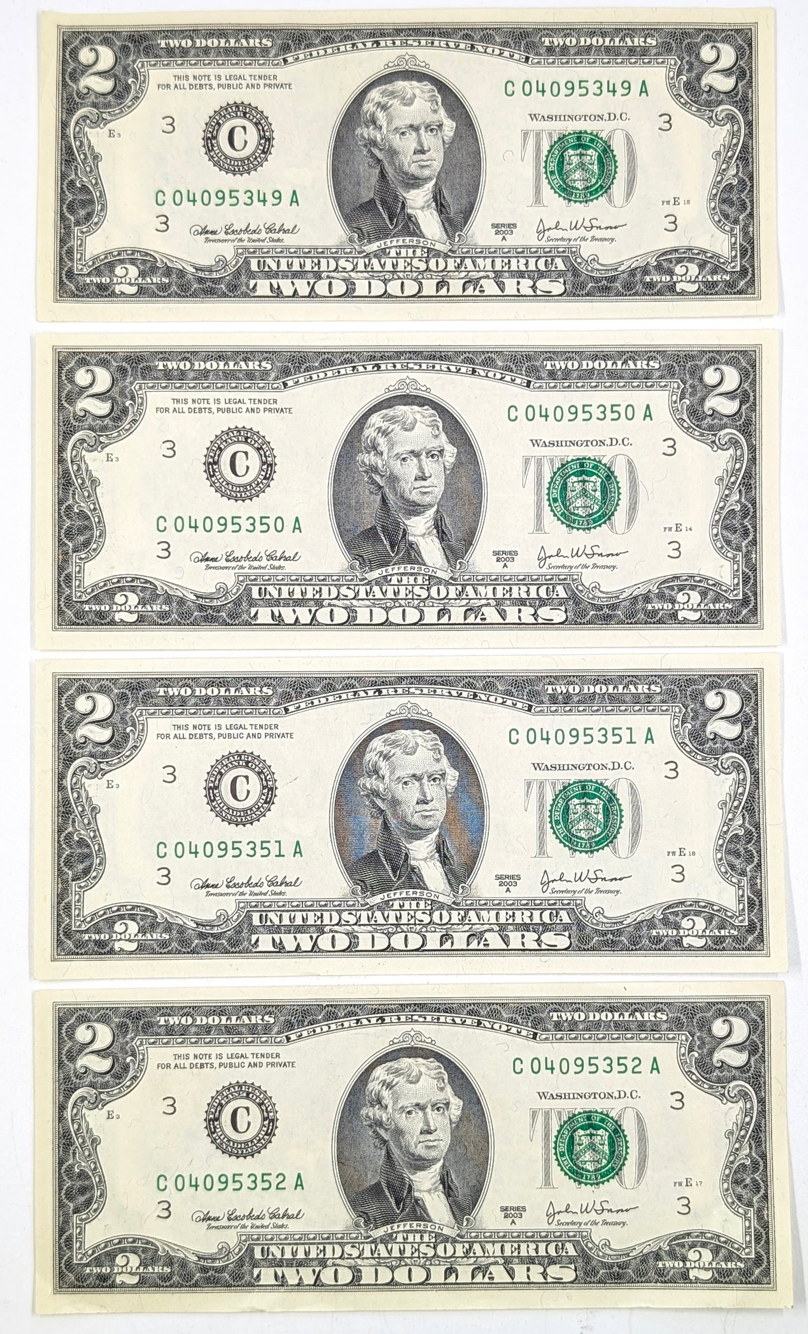 Lot of 4 Uncirculated Sequential 2003-A $2 Notes - Green Seals: Uncirculated