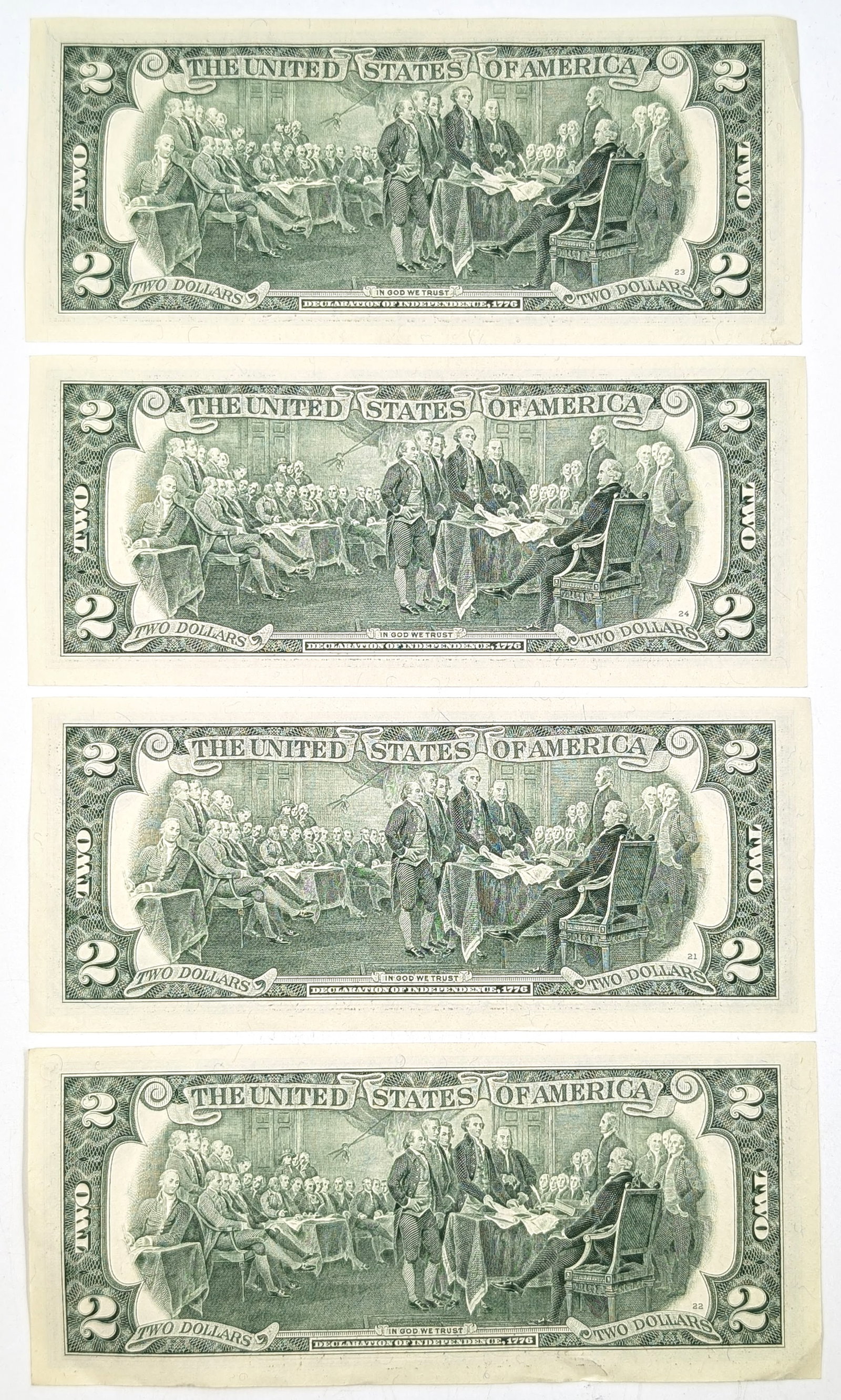Lot of 4 Uncirculated Sequential 2003-A $2 Notes - Green Seals - 2