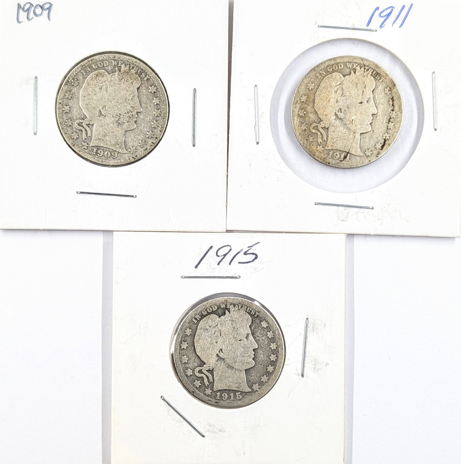 Lot of 3 Silver Barber Quarters - 1909, 1911, 1915: Silver