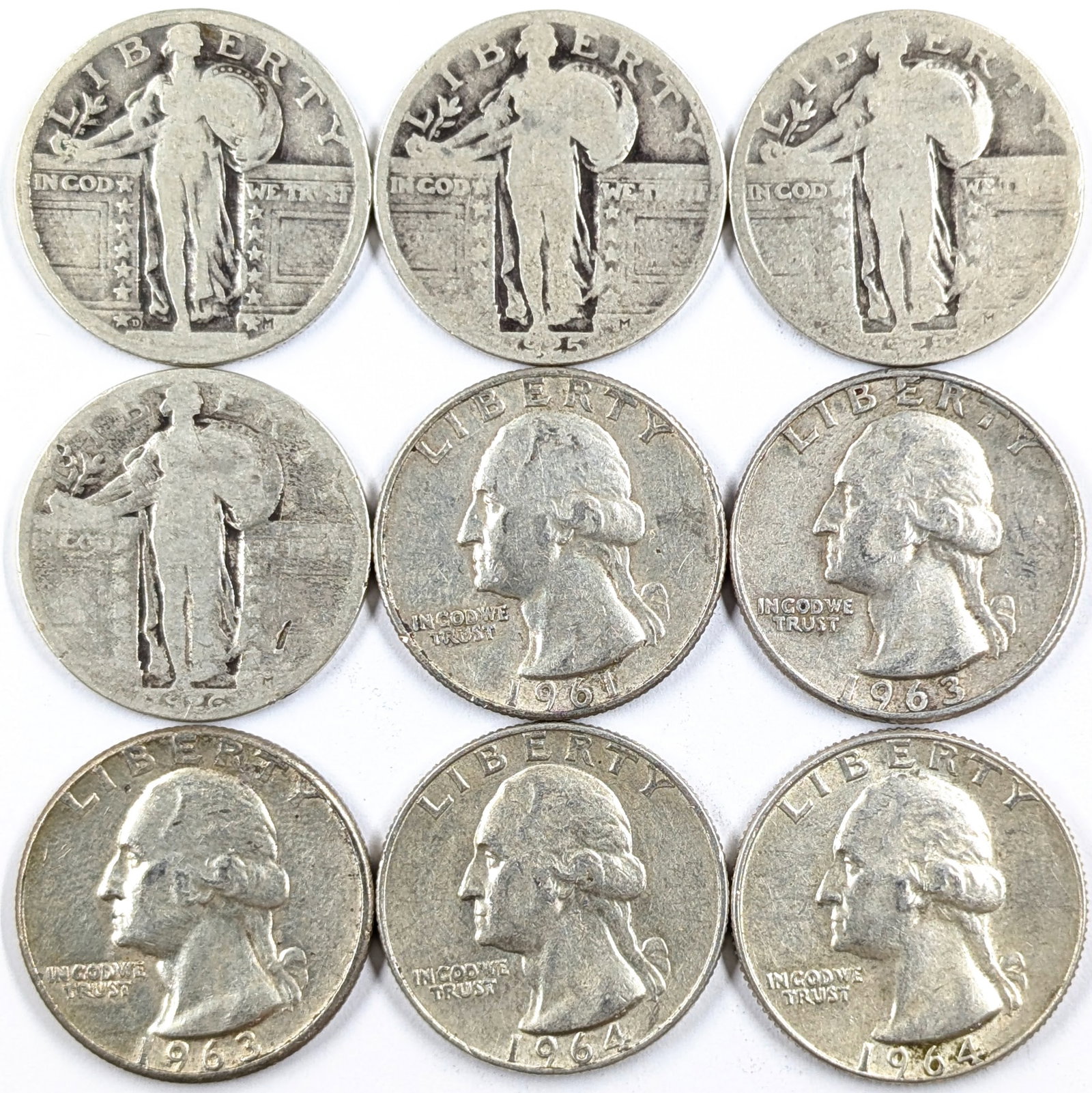 Lot of 9 Silver Quarters - Standing Liberty & Washington: Silver