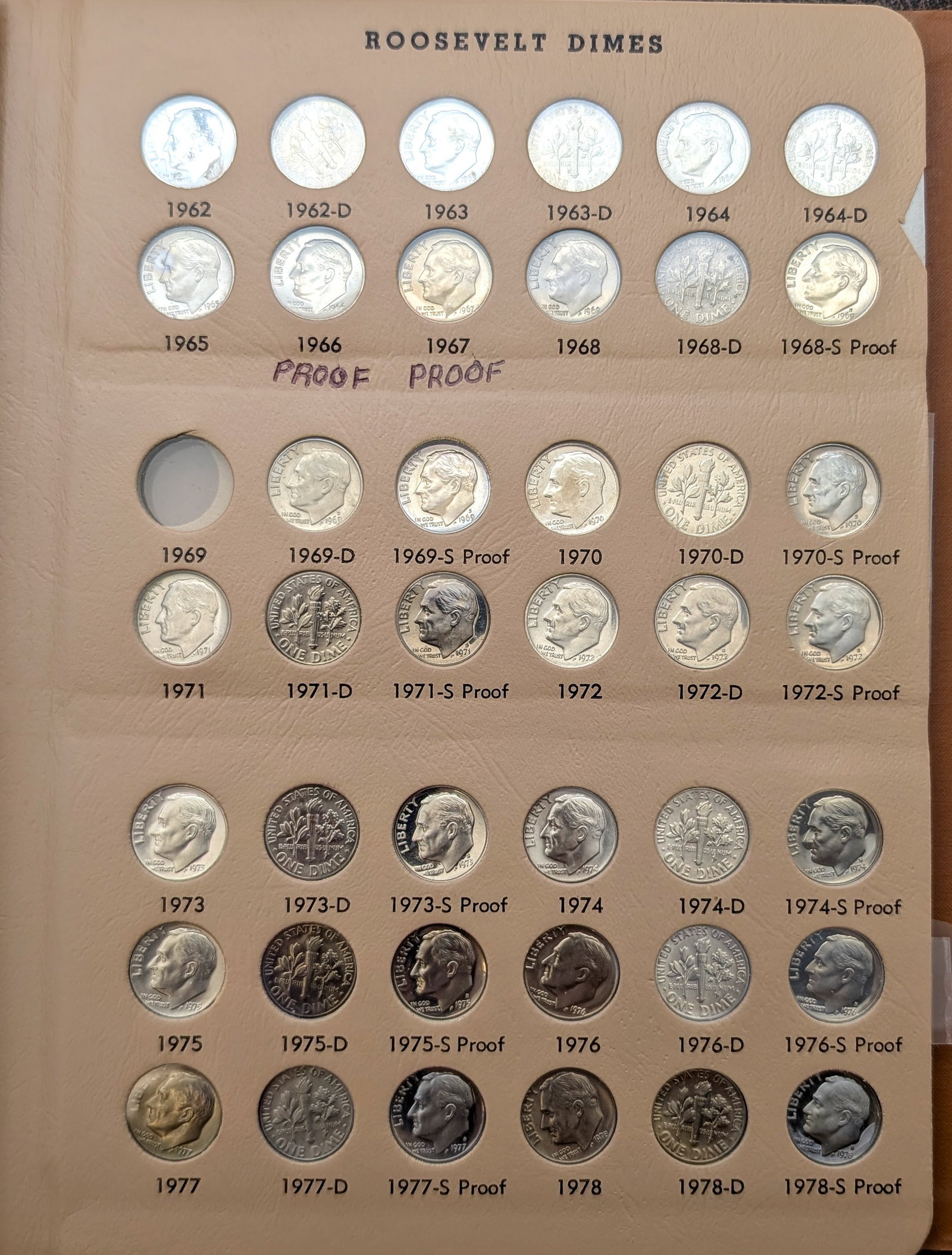 Dansco Roosevelt Dimes 1946-1980 Book w/ 44 Dimes - 7 Silver Dimes, Mostly Proofs - 3