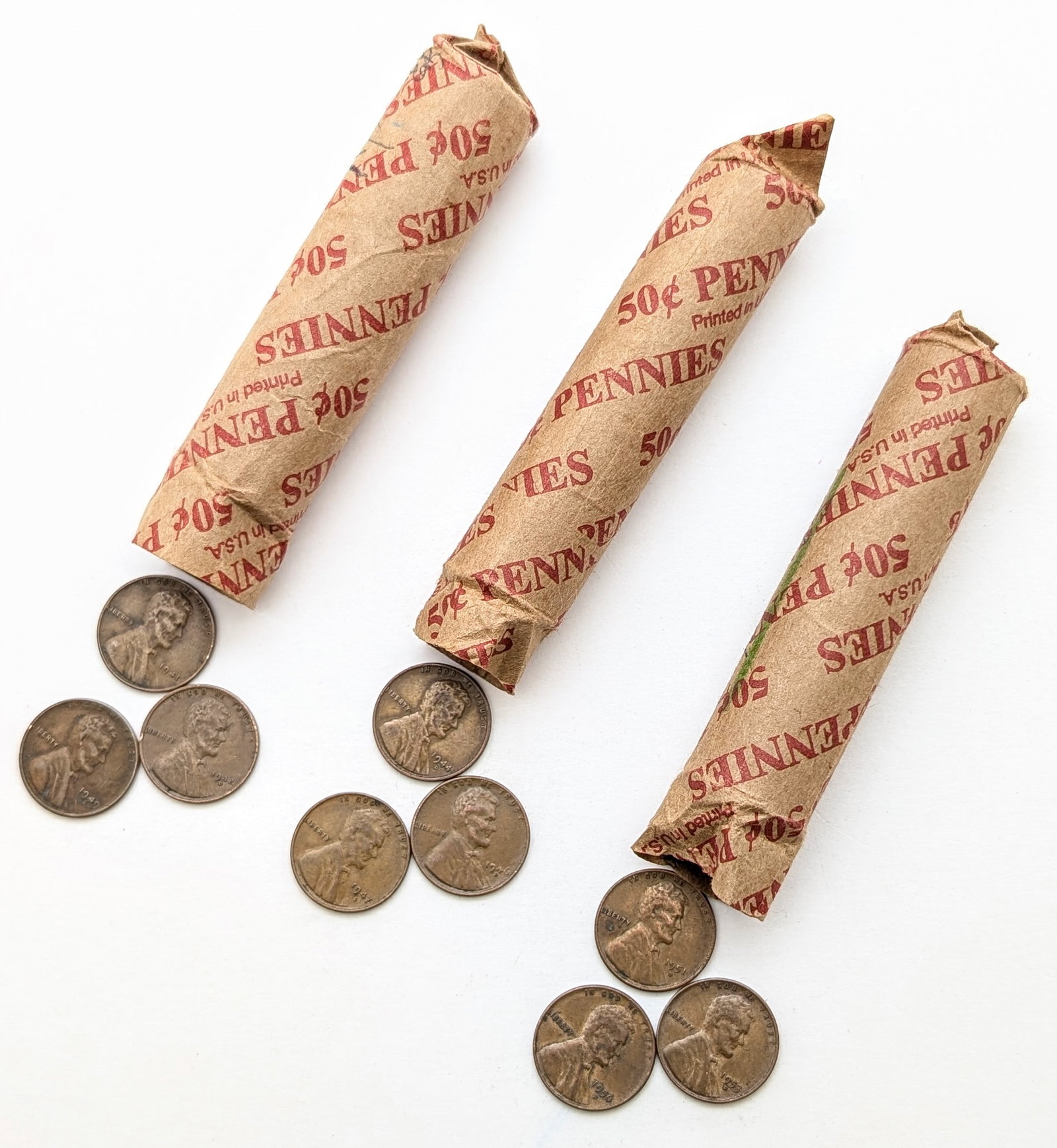Lot of 3 Rolls of 50 (each) Wheat Cents - Mixed Dates 1940s-1950s: Coin