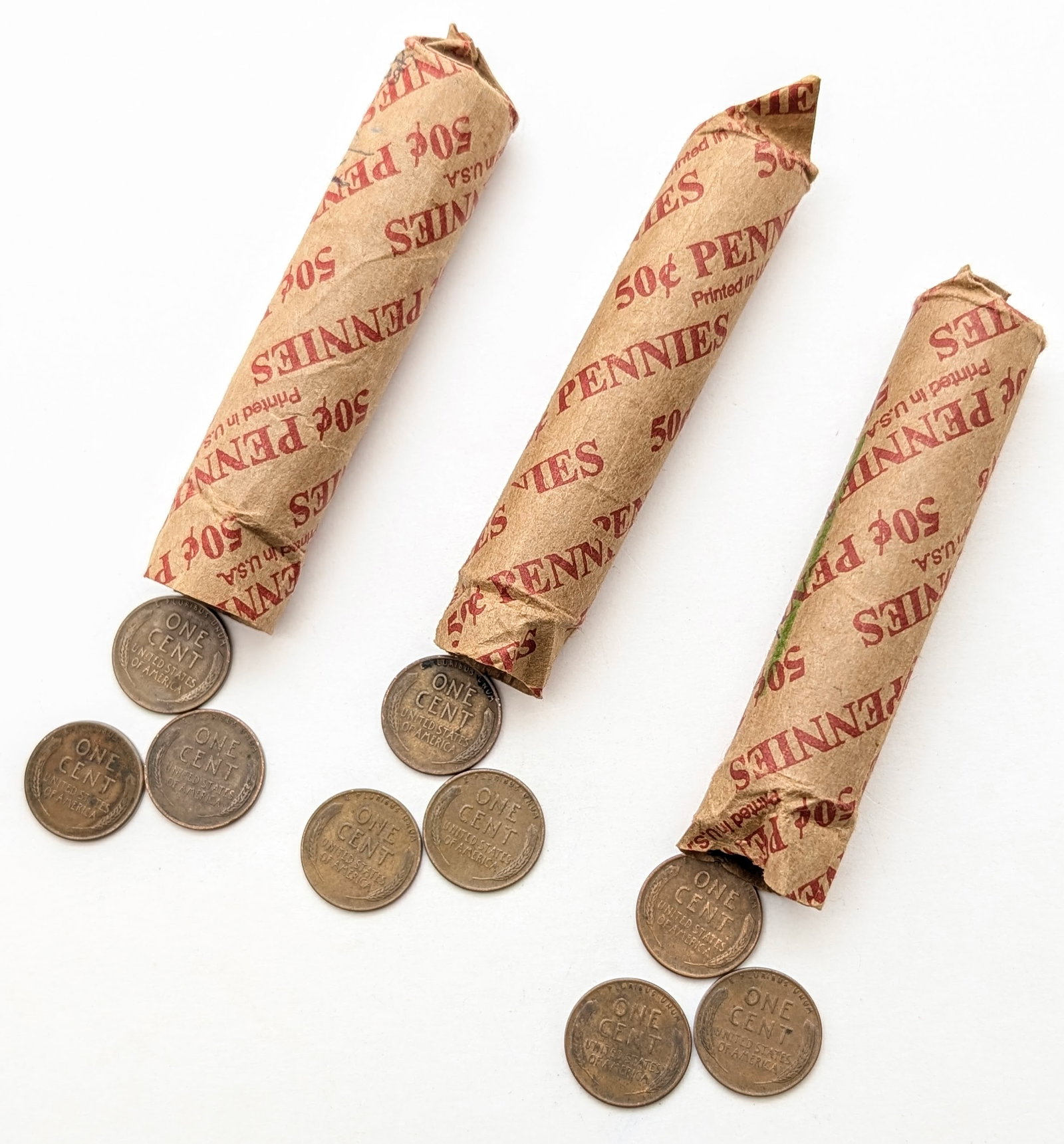 Lot of 3 Rolls of 50 (each) Wheat Cents - Mixed Dates 1940s-1950s - 2