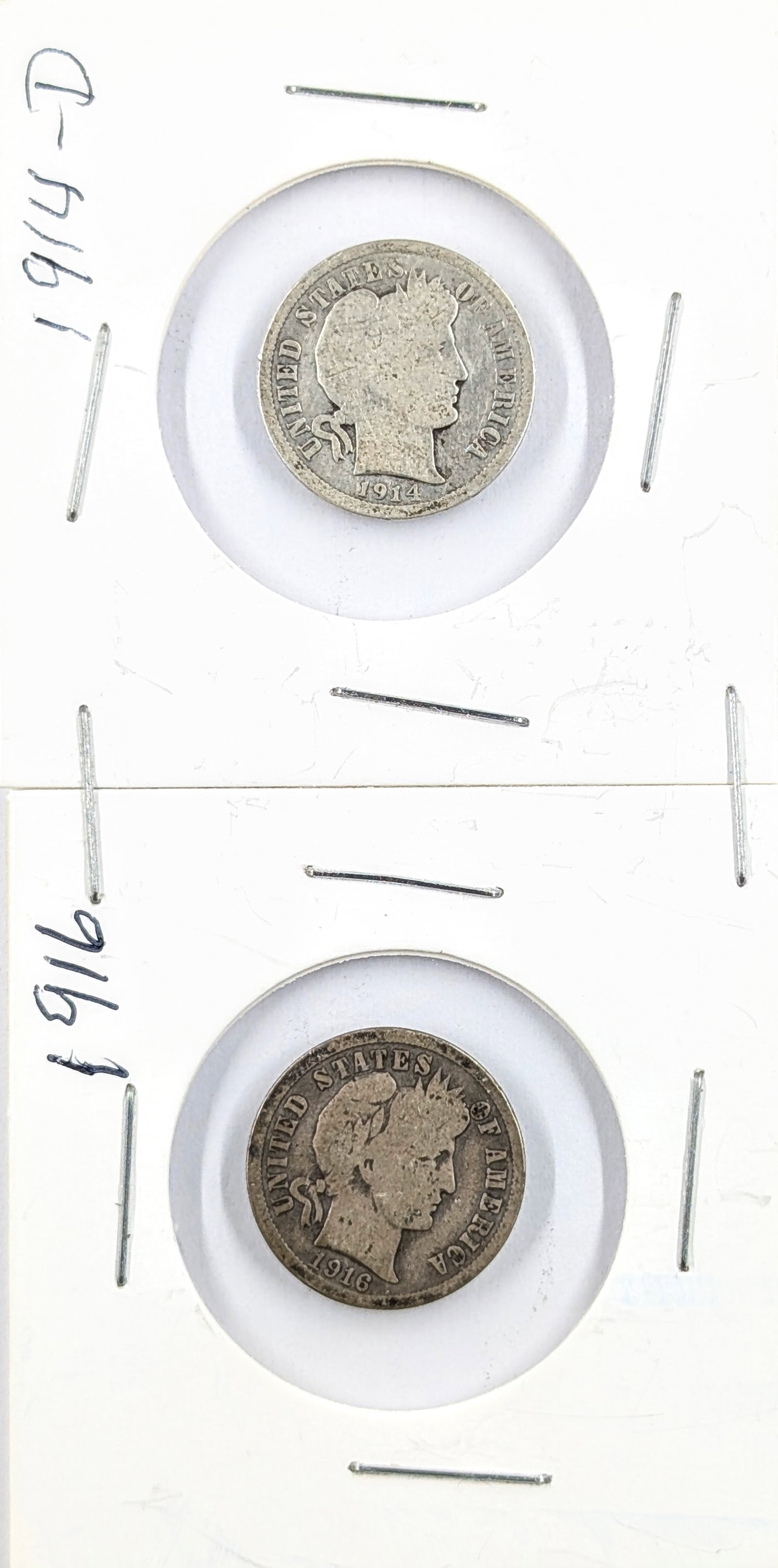 Lot of 2 Silver Barber Dimes - 1914-D, 1916: Silver