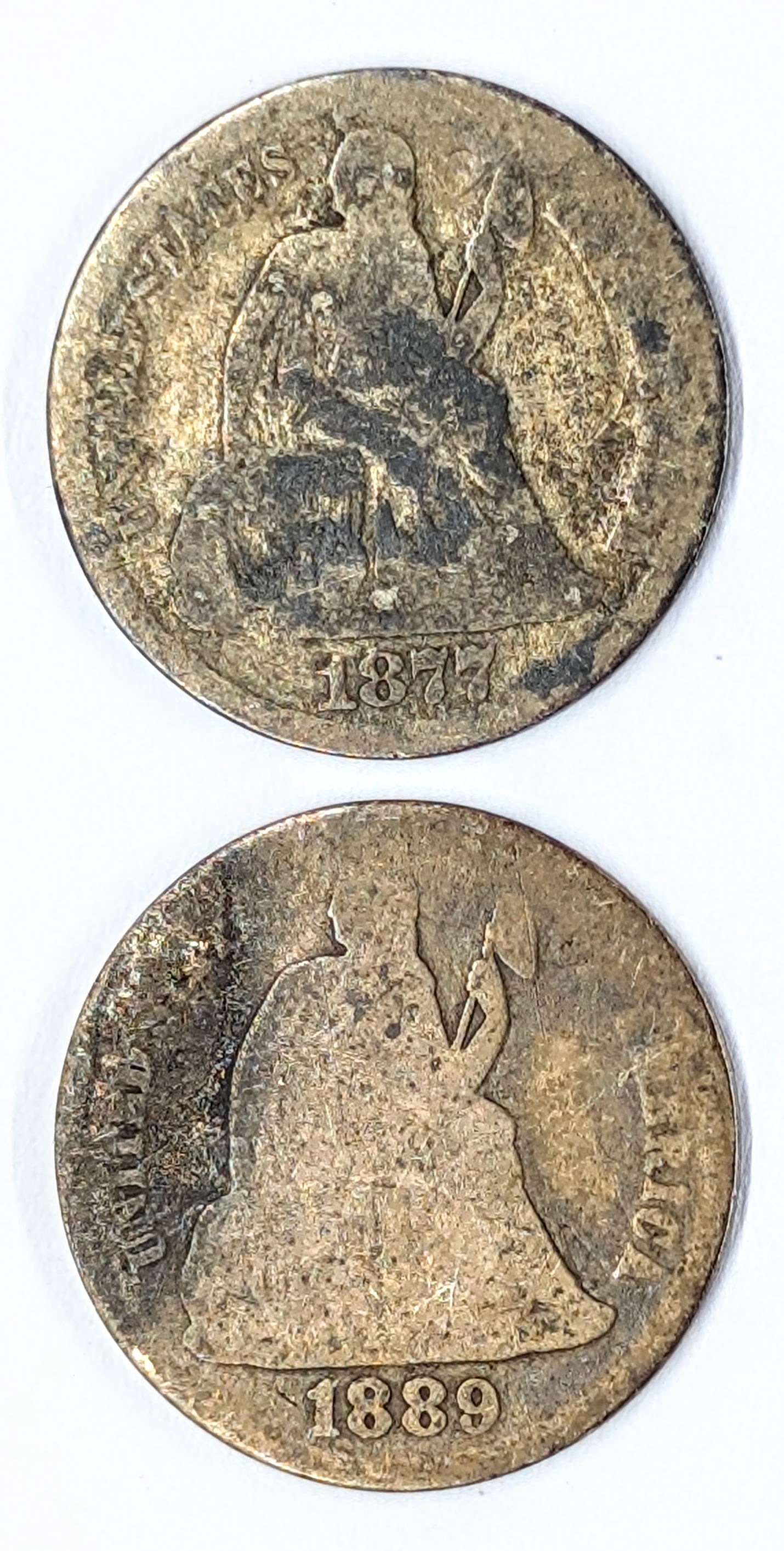 Lot of 2 Silver Seated Liberty Dimes - 1877, 1889: Silver