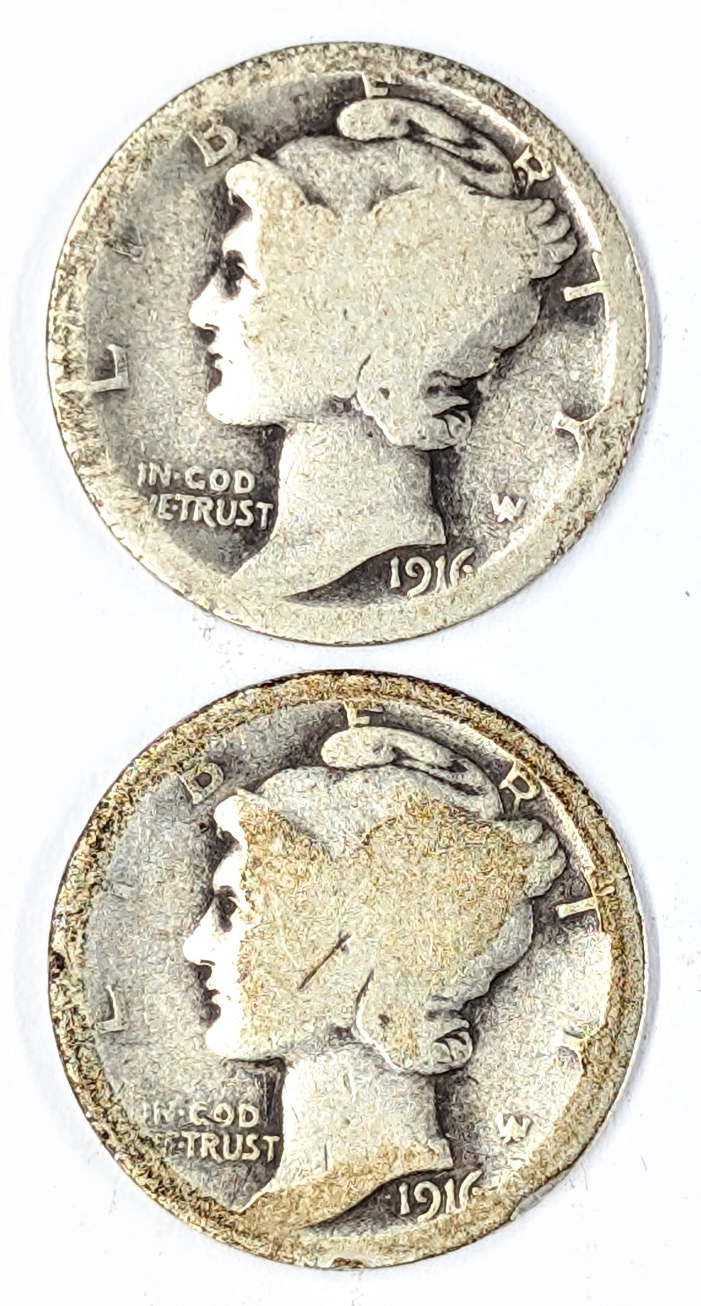 Lot of 2 Silver Mercury Dimes - 1916 P/S: Silver
