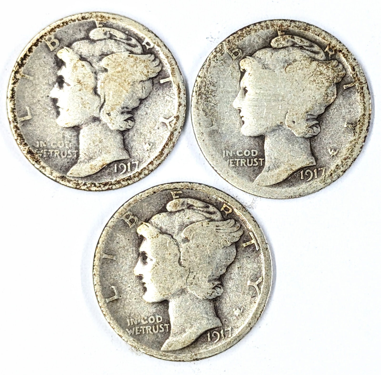 Lot of 3 Silver Mercury Dimes - 1917 P/D/S: Silver