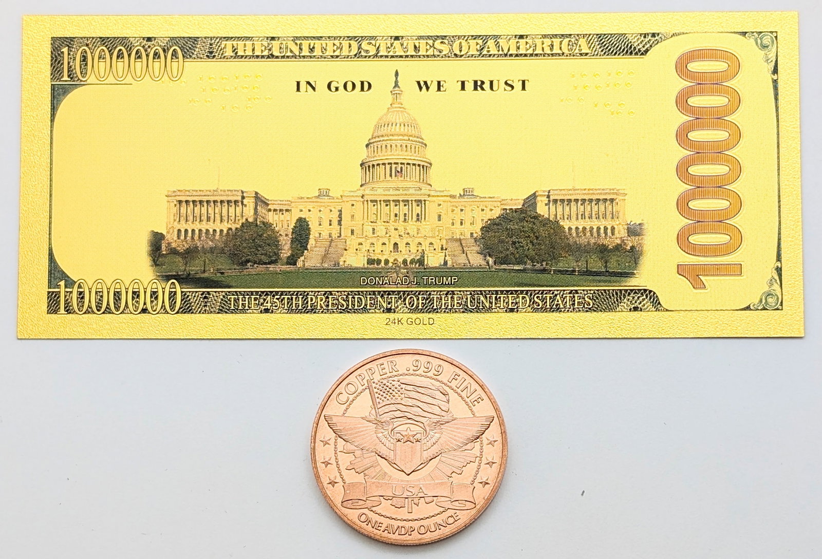 Lot of Donald Trump Gold foil $1,000,000 design & 1 Ounce Fine .999 Copper Round - 2