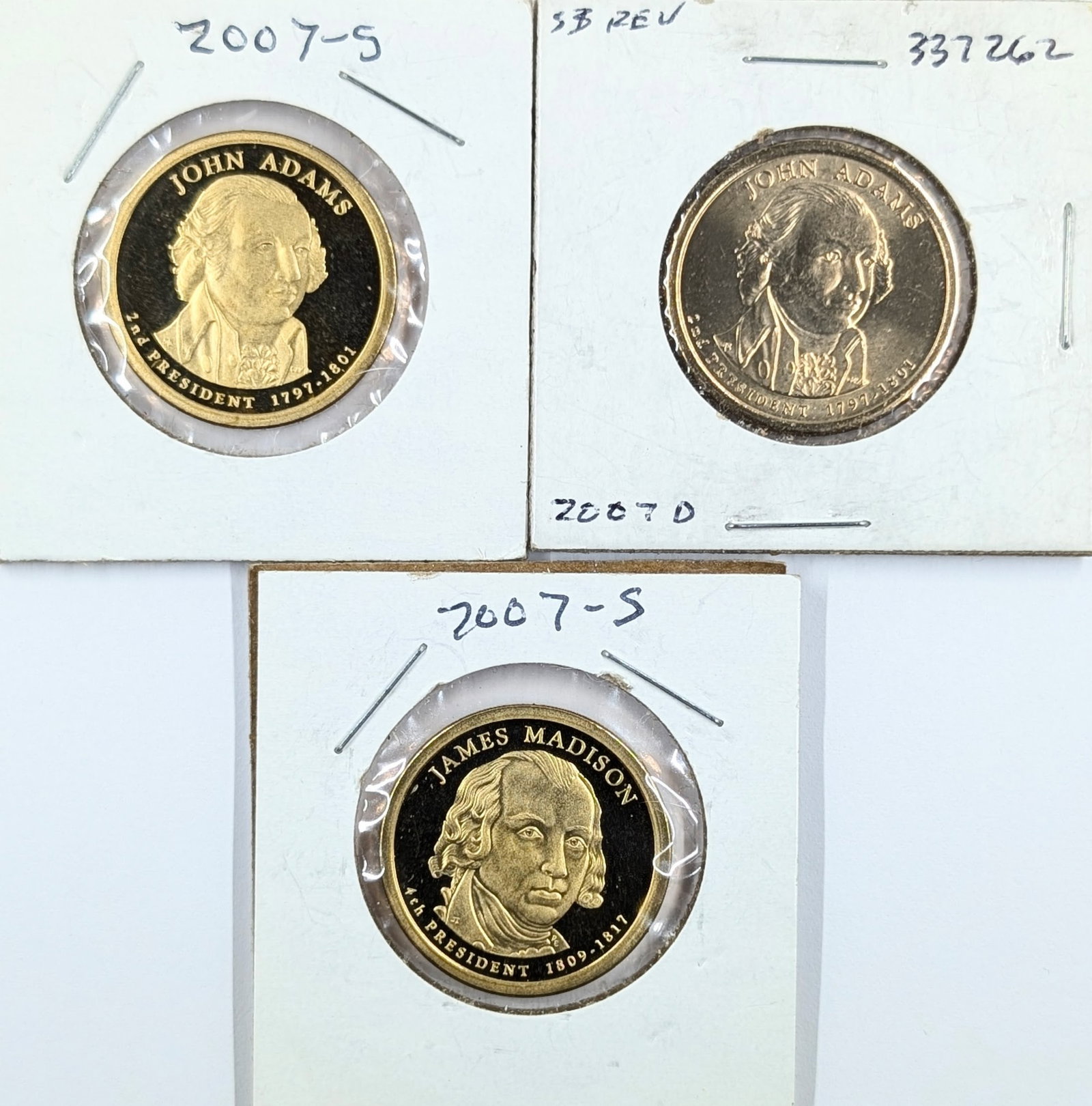Lot of 3 - 2007 D/S Presidential Dollars - Adams(2) & Madison - 2 Proofs: Coin