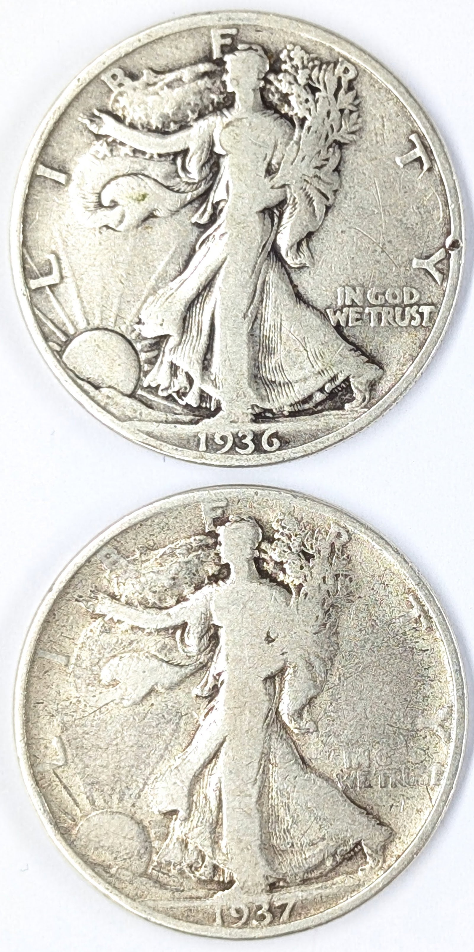 Lot of 2 Silver Walking Liberty Half Dollars - 1936, 1937: Silver
