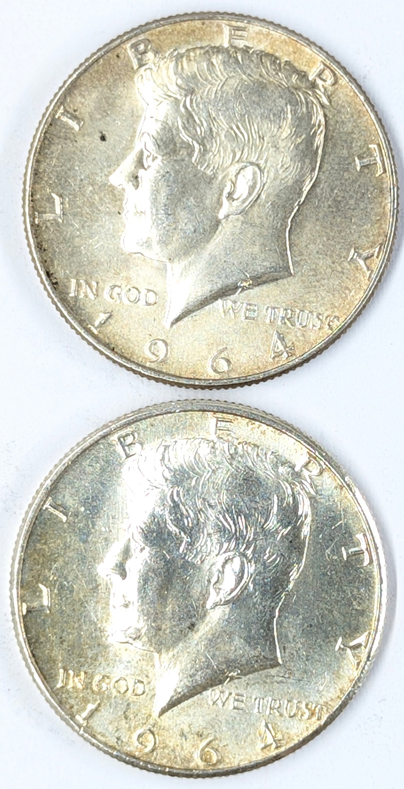 Lot of 2 Silver 1964 John F Kennedy Half Dollars - Both Toned: Silver