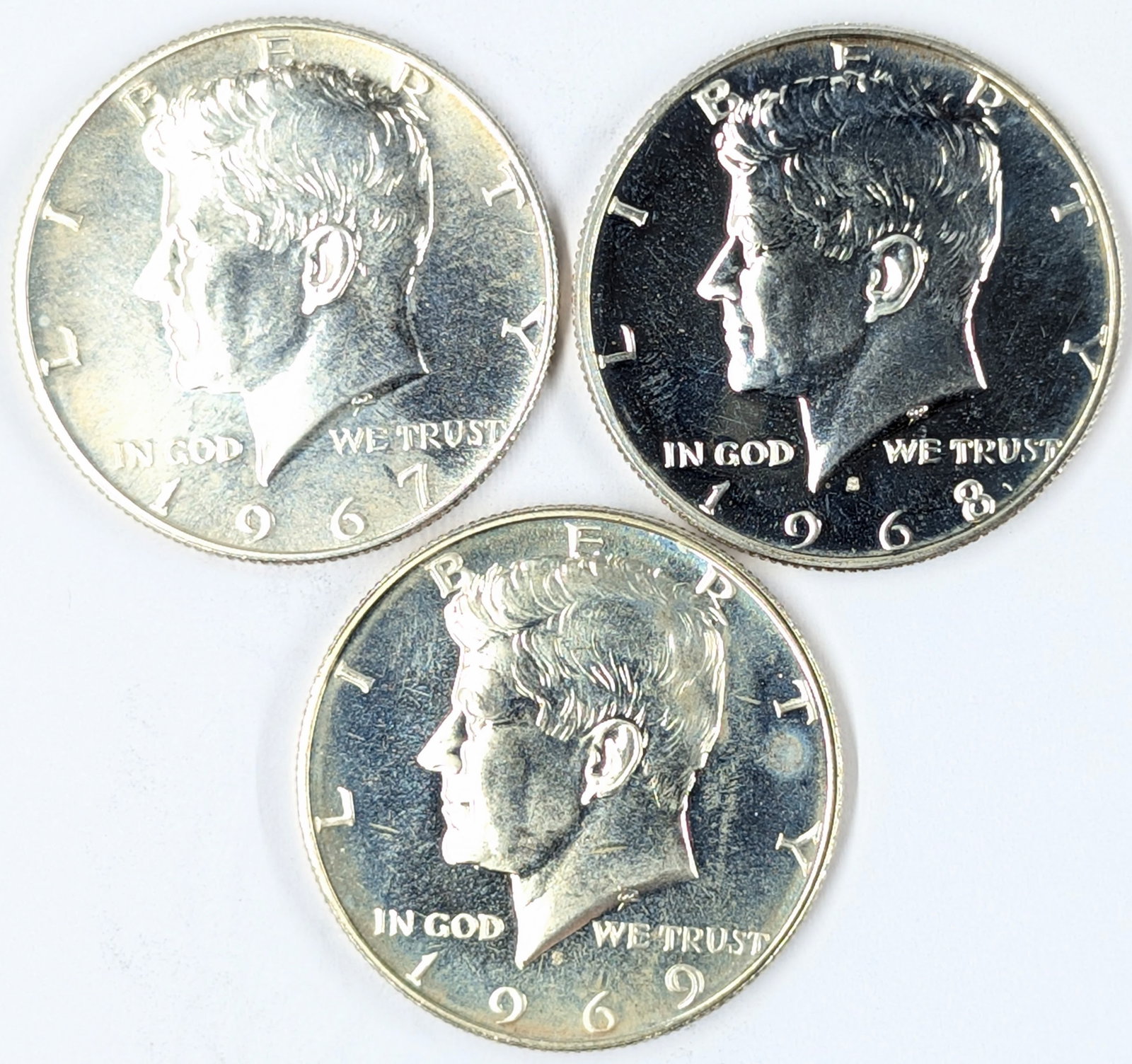 Lot of 3 Silver John F Kennedy Half Dollars - 1967, 1968-S, 1969-S - All Uncirculated, Some Toned: 40% Silver
