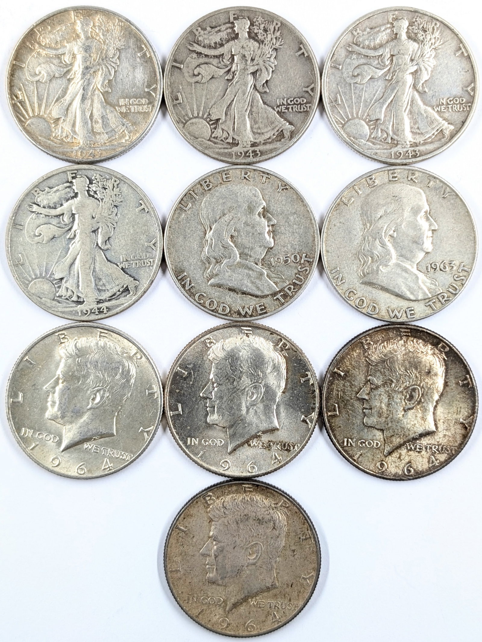 Lot of 10 Silver Half Dollars - Walking, Franklin, JFK: Silver