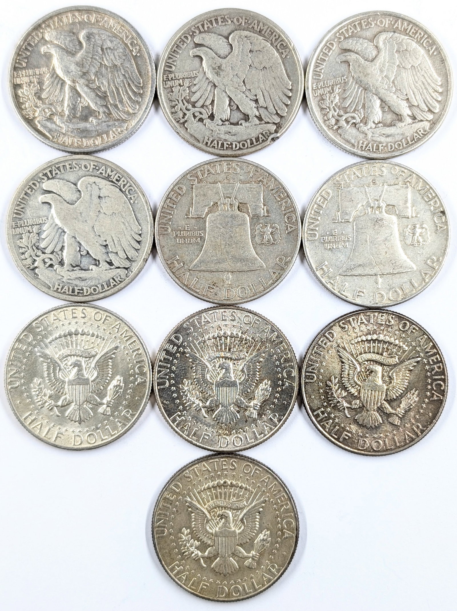Lot of 10 Silver Half Dollars - Walking, Franklin, JFK - 2