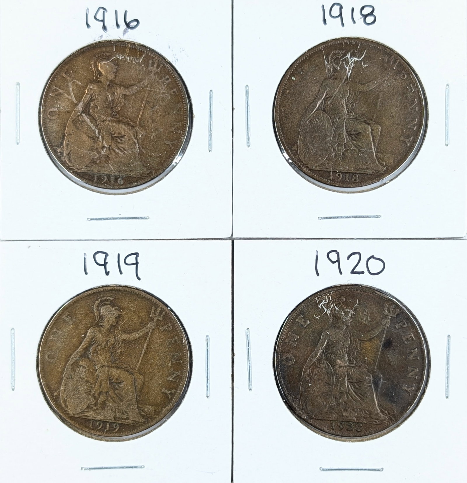 Lot of 4 Great Britain Pennies - 1916-1920: Coin