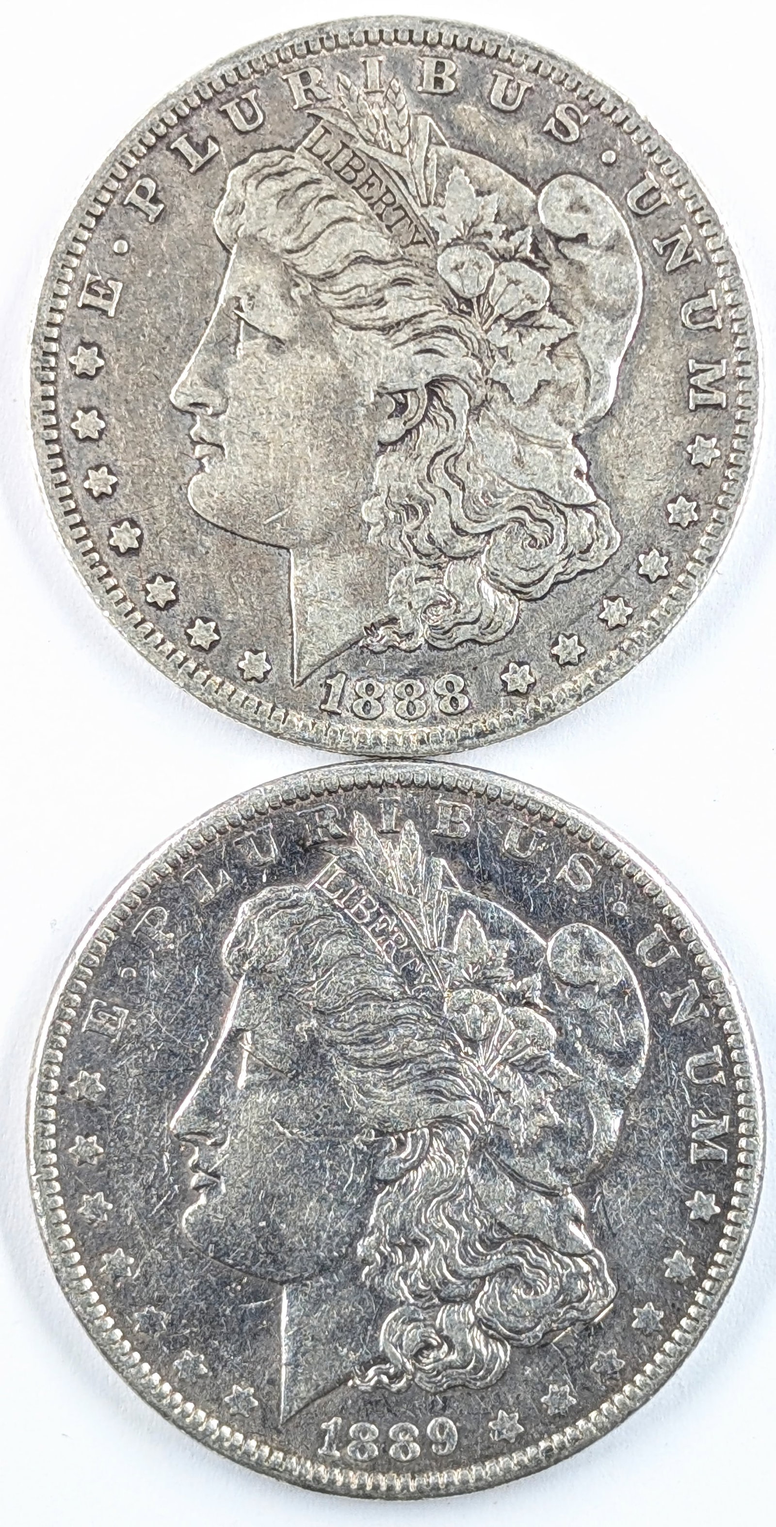 Lot of 2 Morgan Silver Dollars - 1888-O, 1889: Silver