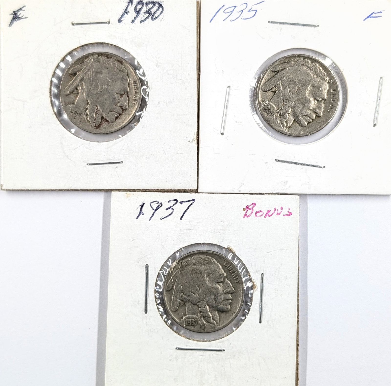 Lot of 3 Buffalo Head Nickels - 1930, 1935, 1937: Coin