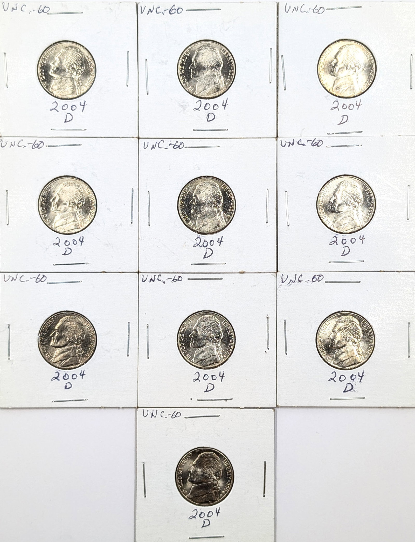 Lot of 10 Jefferson Handshake Nickels - All 2004-D - Uncirculated: Coin