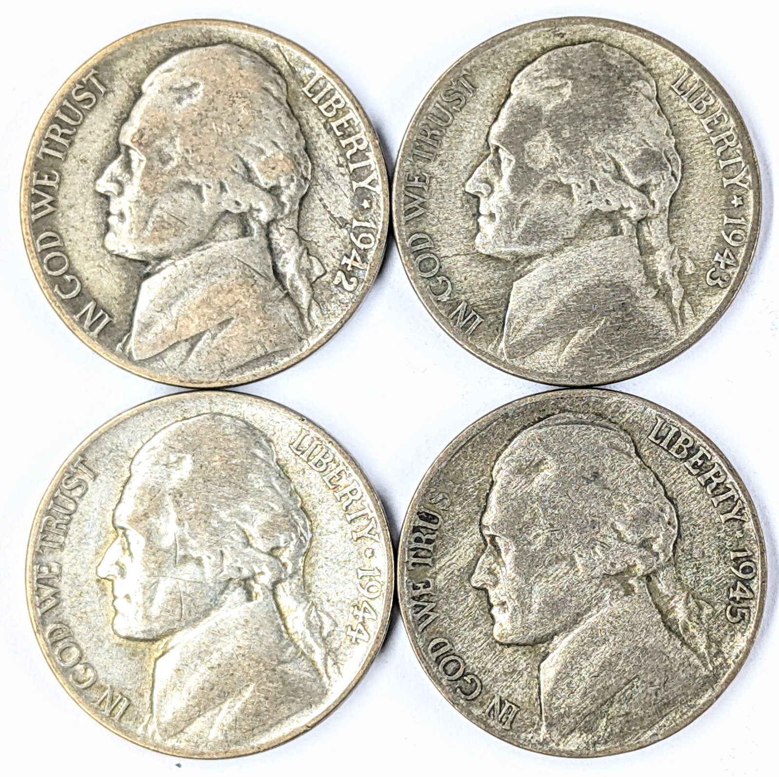 Lot of 4 Silver War Nickels - 1942-1945 - All P Mint: 35% Silver