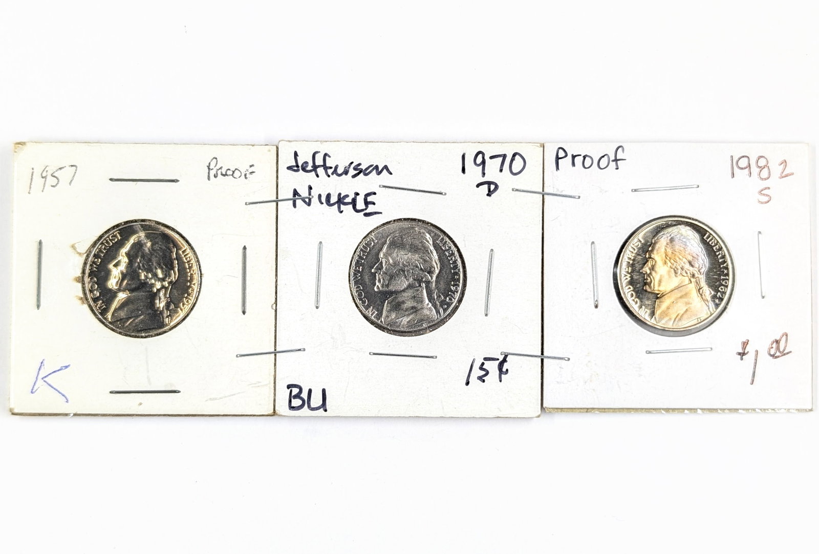 Lot of 3 Jefferson Nickels - 1957, 1970-D, 1982-S - 2 Proofs: Coin