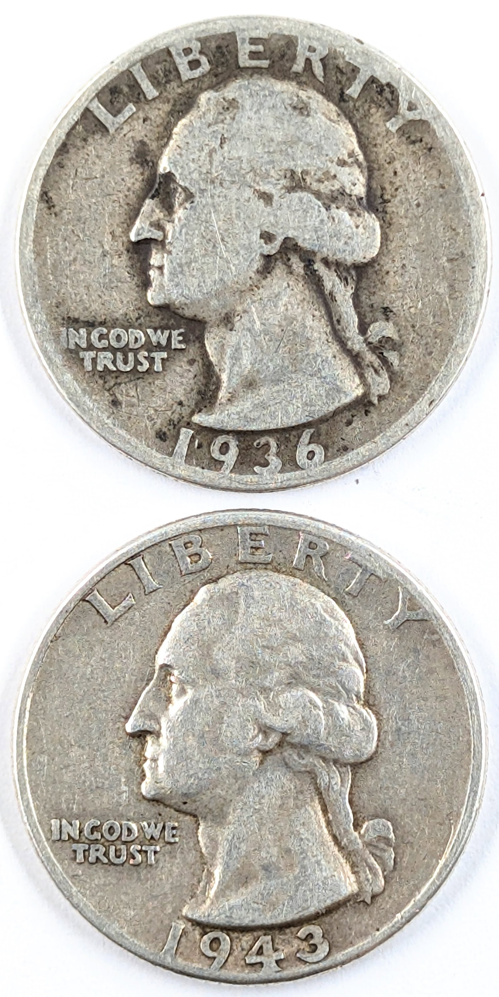 Lot of 2 Silver Washington Quarters - 1936, 1943 (1 of 2)
