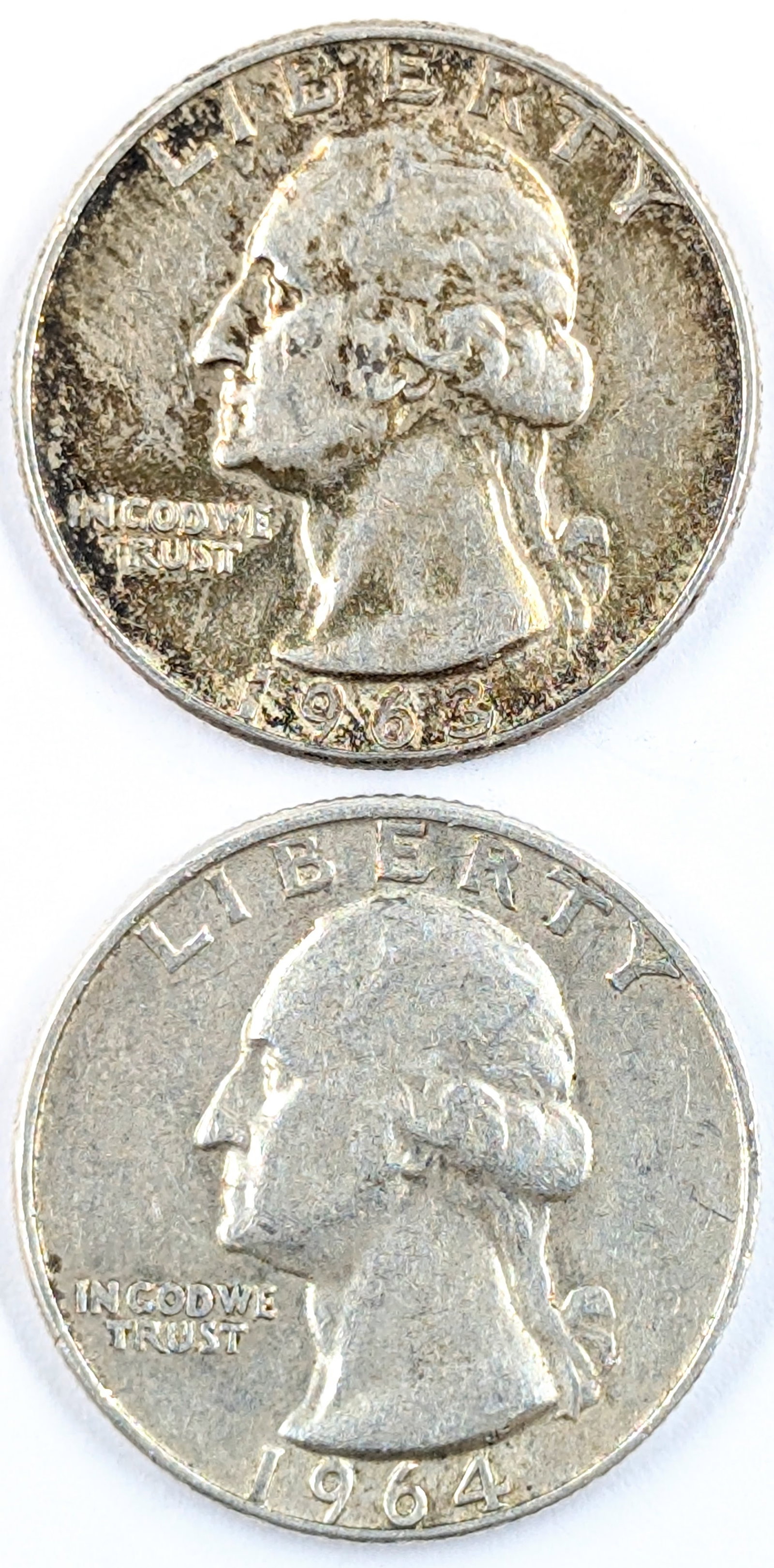 Lot of 2 Silver Washington Quarters - 1963-D, 1964-D: Silver