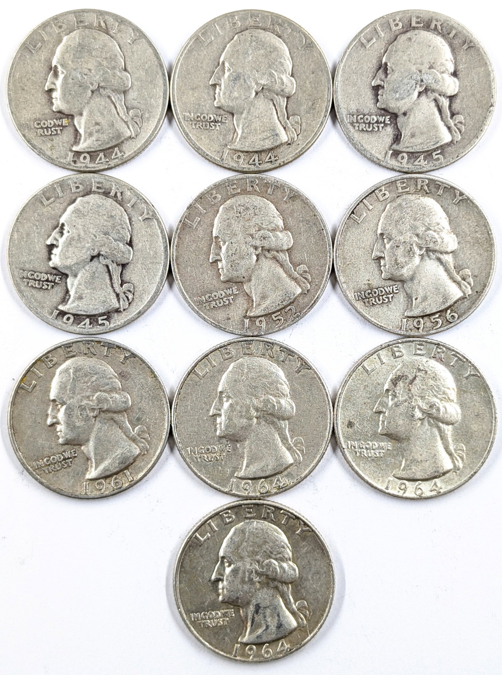 Lot of 10 Silver Washington Quarters - 1944-1964: Silver