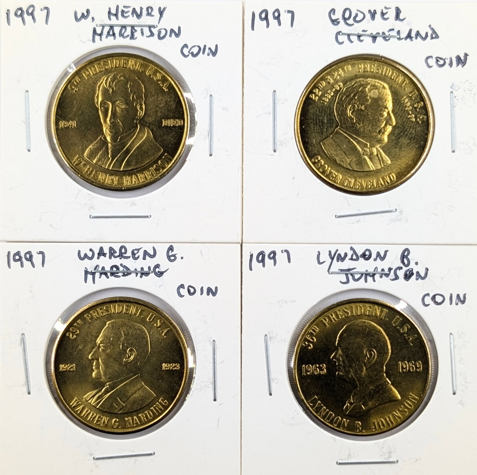 Lot of 4 - 1997 Presidential Tokens - Harrison, Cleveland, Harding, Johnson (1 of 2)