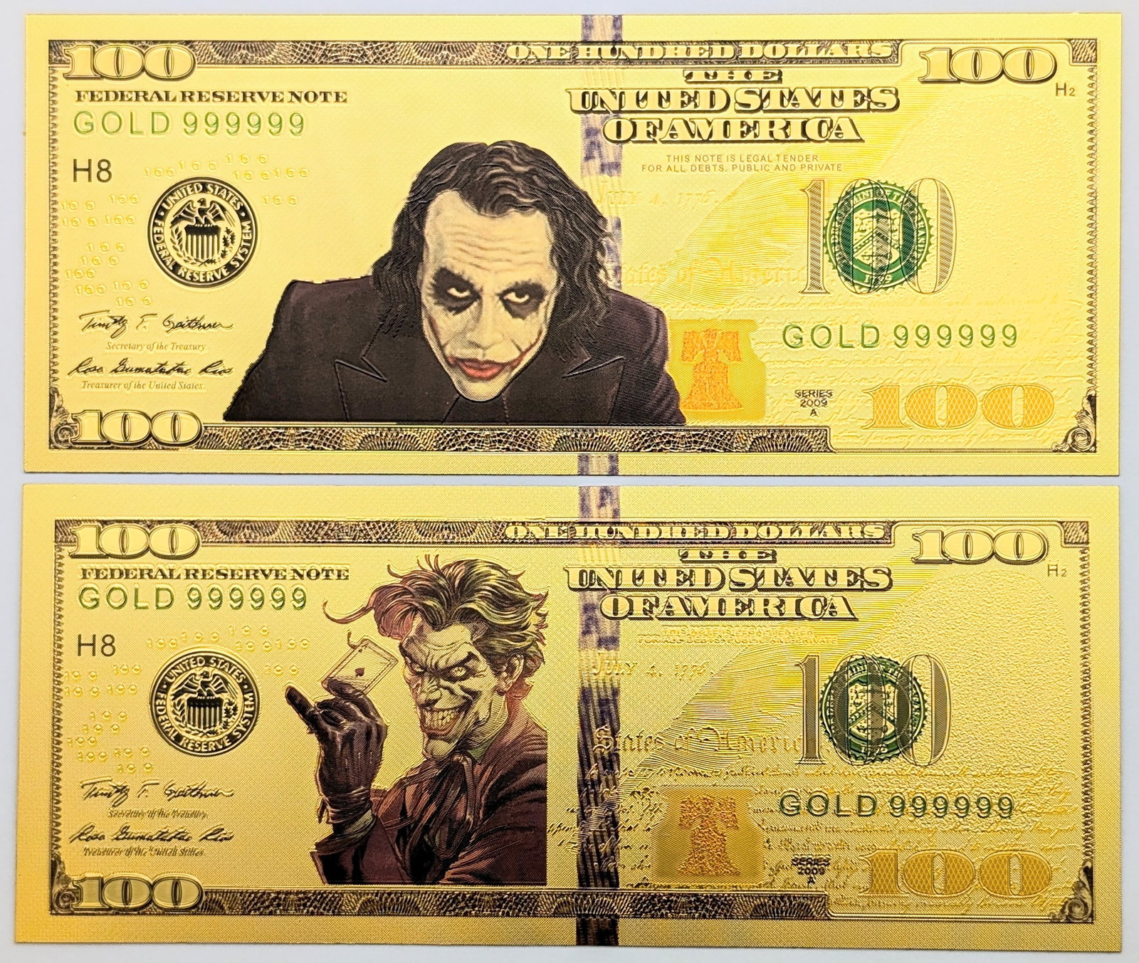 Lot of 2 Joker Gold foil $100 design: Goldfoil