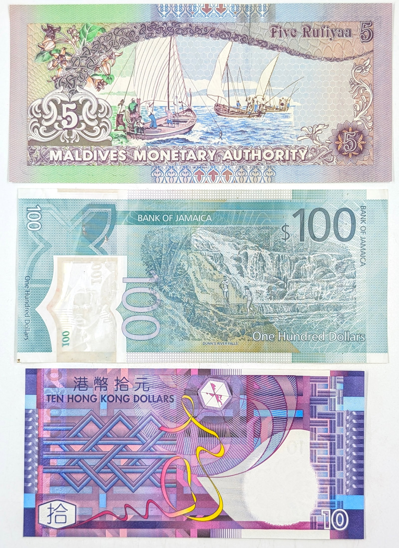 Lot of 3 Foreign Banknotes- Maldives $5 Rufiyaa, Jamaican $100, & Hong Kong $10 - 2