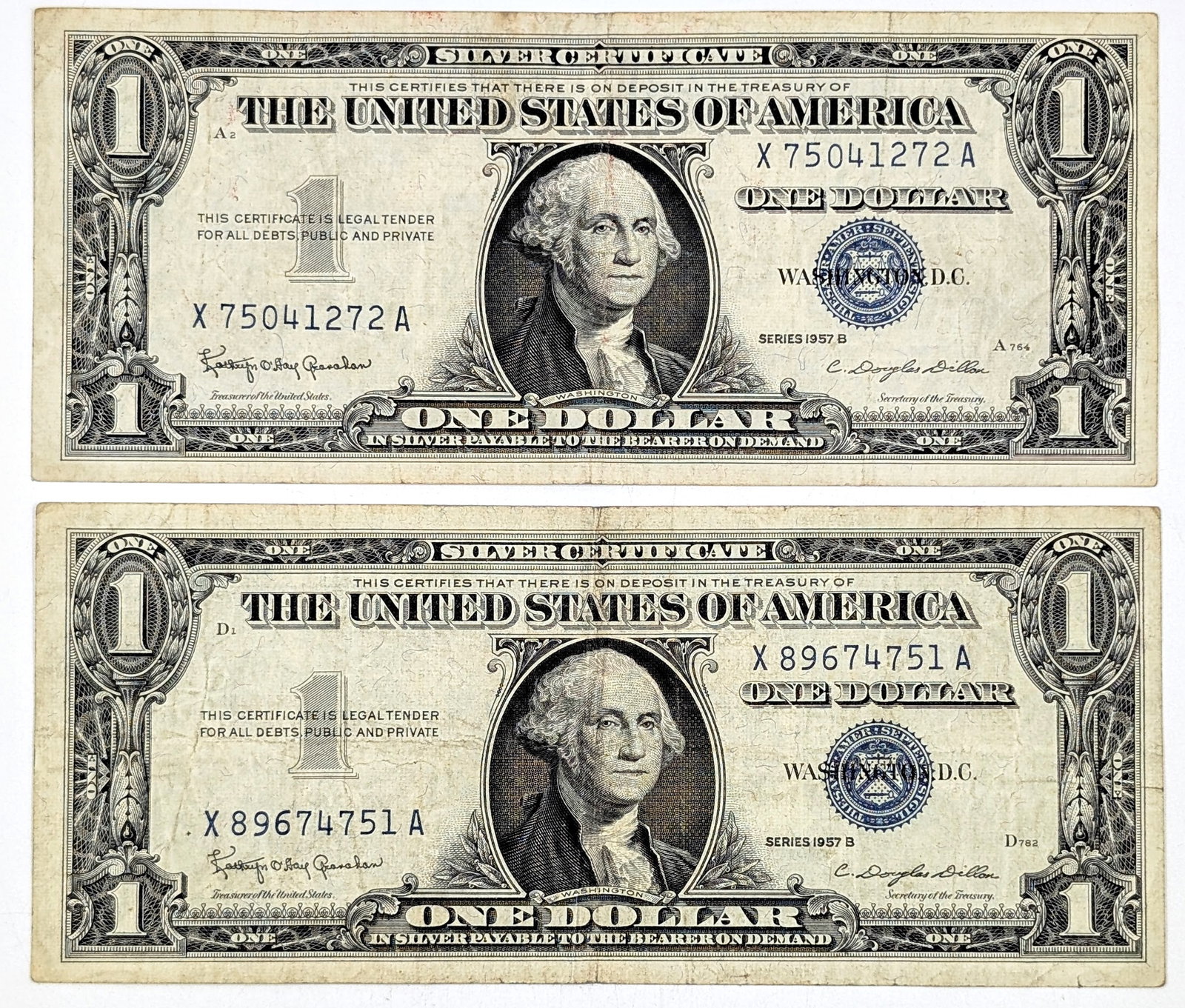 Lot of 2 - 1957-B $1 Notes - Silver Certificates: Heavily Circulated Condition