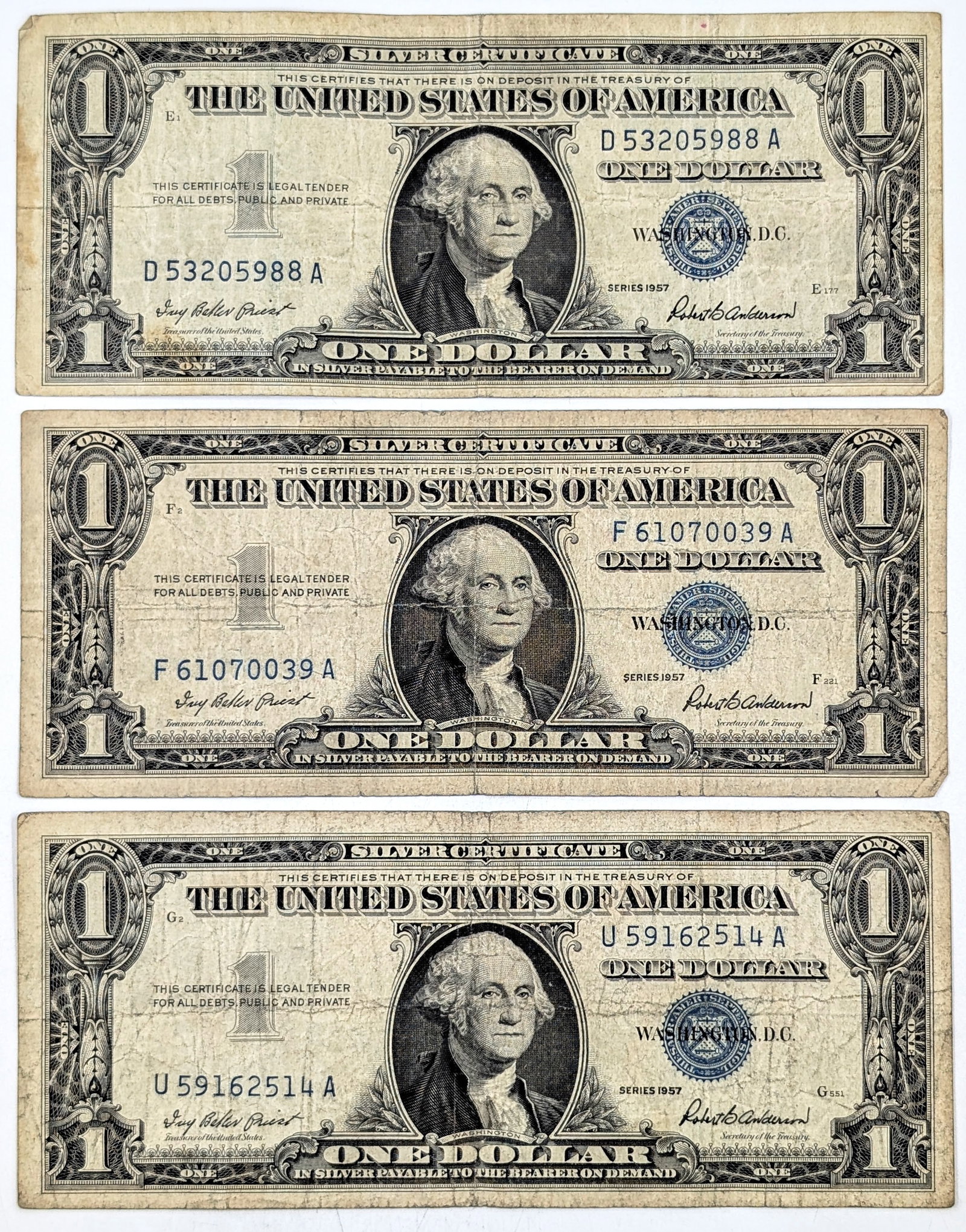 Lot of 3 - 1957 $1 Notes - Silver Certificates: Heavily Circulated Condition