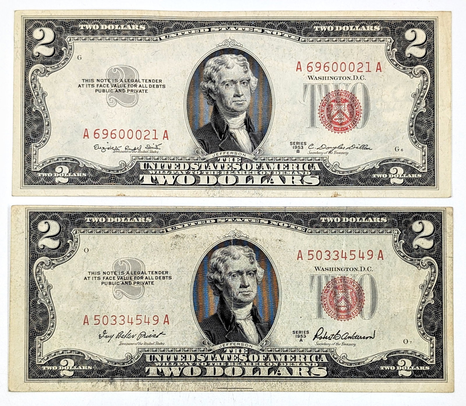Lot of 2 - 1953 A/B $2 Notes - Red Seals - Triple Serial #69600021 (1 of 2)